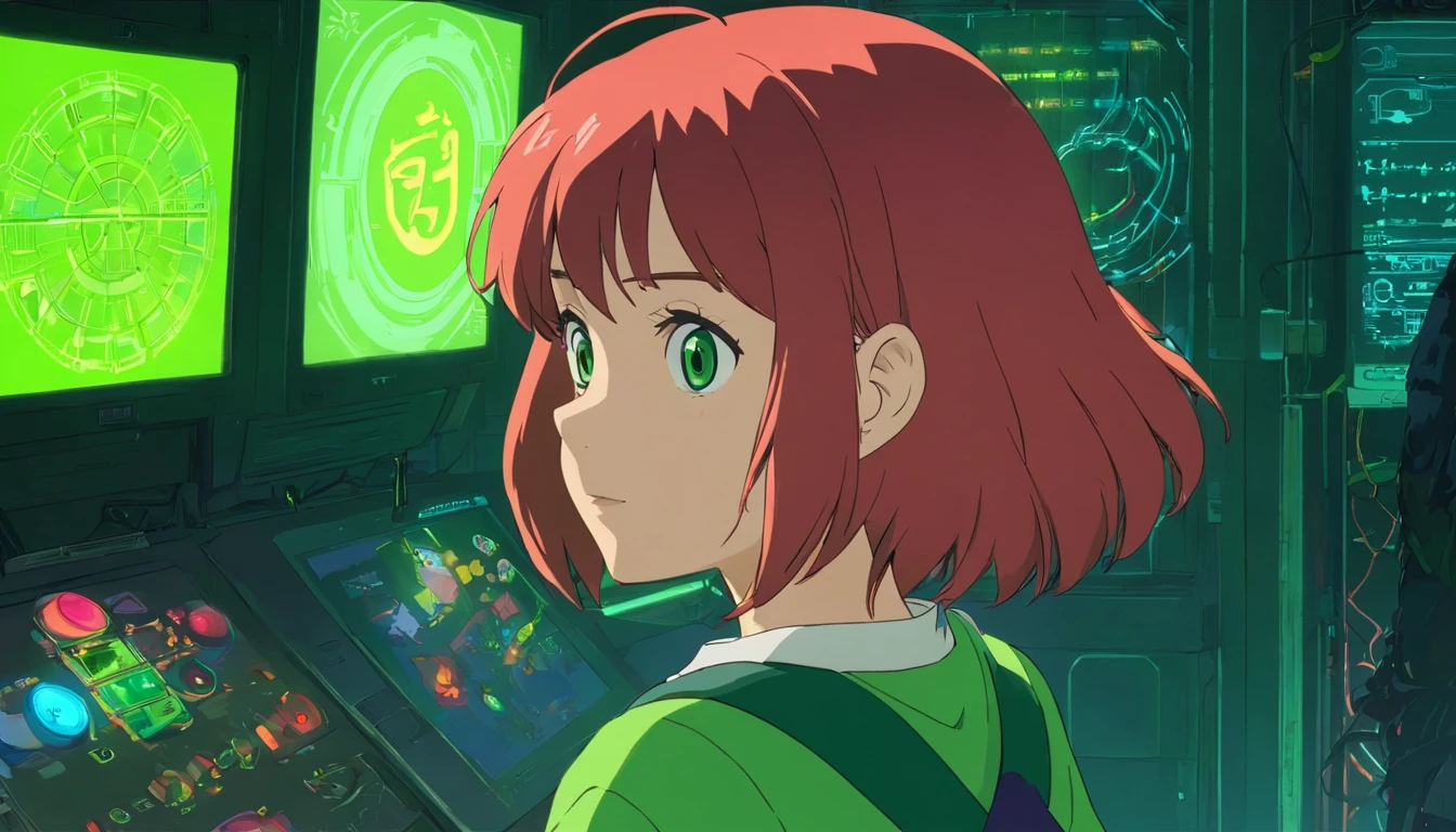 A red-haired woman in a green shirt in front of a black animated backdrop, menina lofi, scenario electronic funds Black, reto 8 0 s vibe anime, anime vibes, Digital anime illustration, retro anime girl, menina anime sedutora, Elogio Artstyle, no estilo de arte do anime 8 0 s, estilo anime. 8k, arte digital do anime cyberpunk, estilo anime 4K.