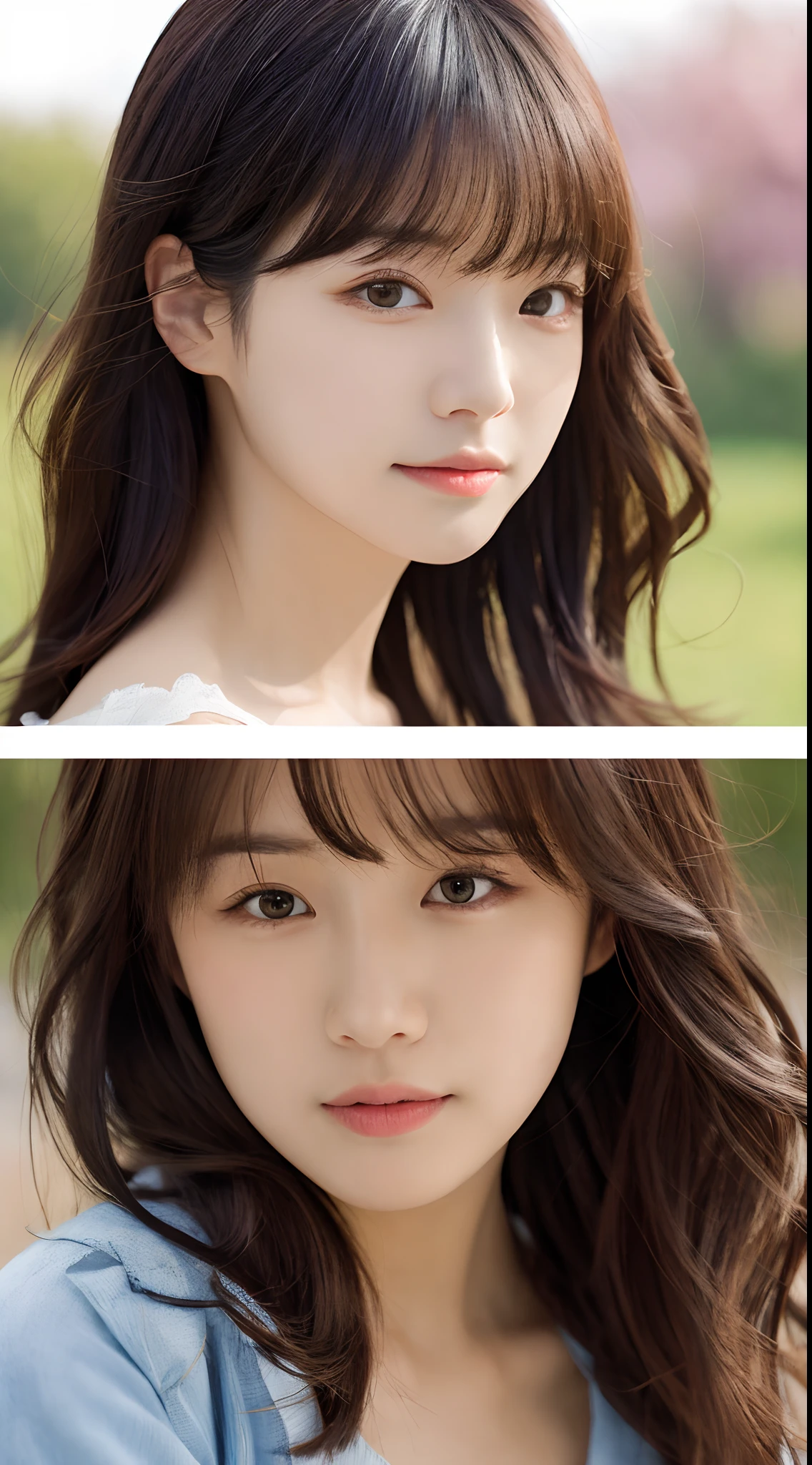 Blown by the long wind [blue-black:.3] hair,Looking at Viewer, (masutepiece:1.3), (8K, Photorealistic, Raw photo, Best Quality: 1.4), Japanese, (1girl in), Beautiful face, (Realistic face),{Wavy medium hair|Bob with long bangs|short hair with long bangs}{Black hair|Brown hair|Blonde hair}, Beautiful hairstyle, Realistic eyes, Beautiful detailed eyes, (Realistic skin), Beautiful skin, Attractive, 超A high resolution, A hyper-realistic, Highly detailed, Golden ratio,、sun burn、乃木坂アイドル、韓国アイドル、hposing Gravure Idol、