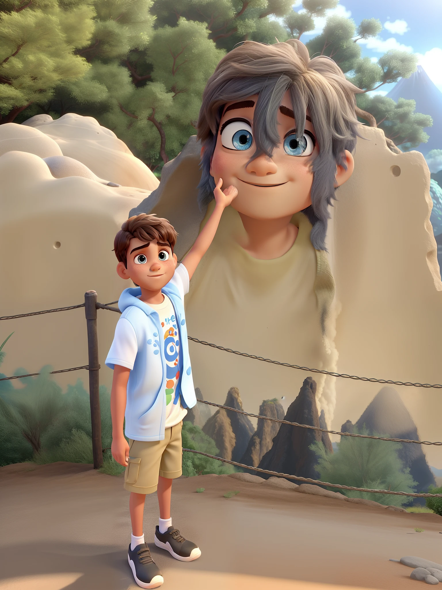 Um de olhos azuis estilo Disney Pixar, alta qualidade, melhor qualidade, Against the backdrop of a volcano