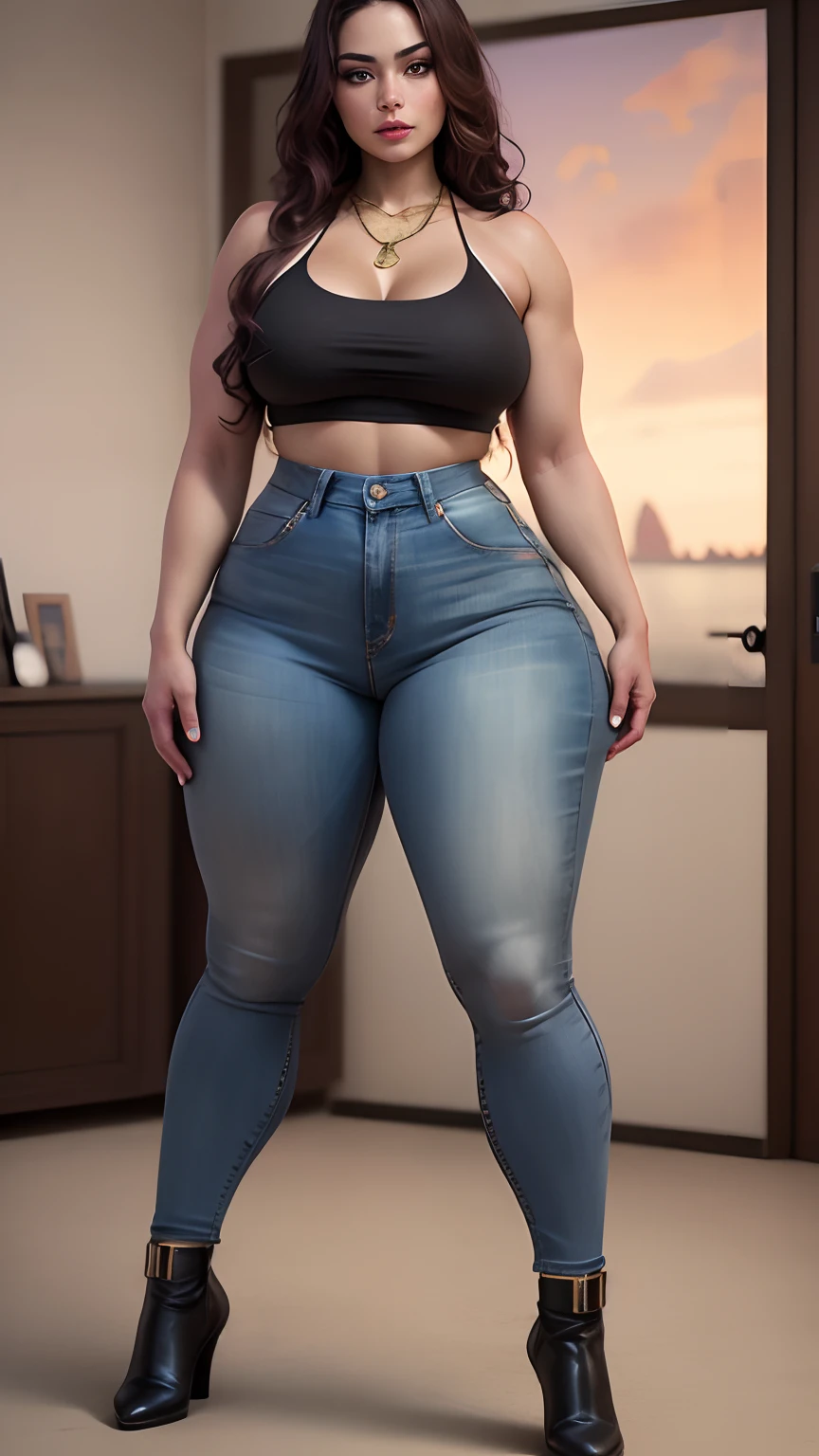 masterpiece, Highest quality, Naked female upper body,Distressed jeans, Plump figure