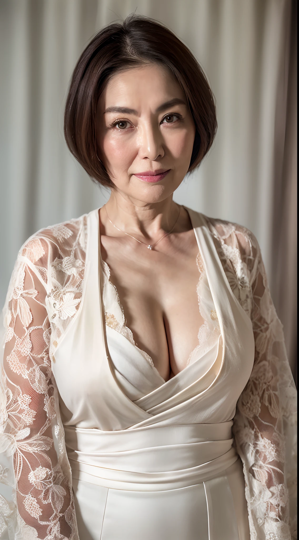 gravure, from the chest up, masutepiece, Best Quality, Ultra-detailed, Photorealistic, super detailed skin, Perfect Anatomy, (1 japanese mature woman), (Solo), 75 years old, Large breasts, Mature Woman Politician, glamor, A sexy, Chromo-white skin, Looking at Viewer