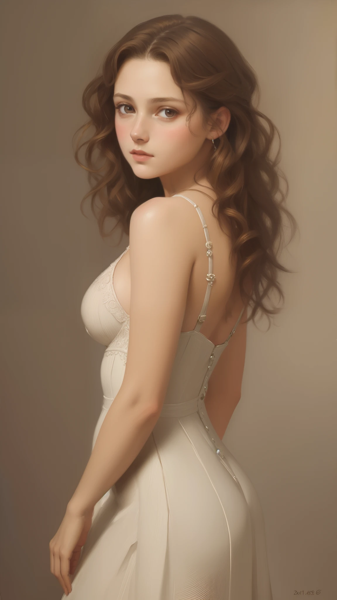 1girl, beautiful age girl, very small breasts, short wavy brown hair, portrait, oil painting, modern, realistic proportions, intricate, intricate details, sharp focus