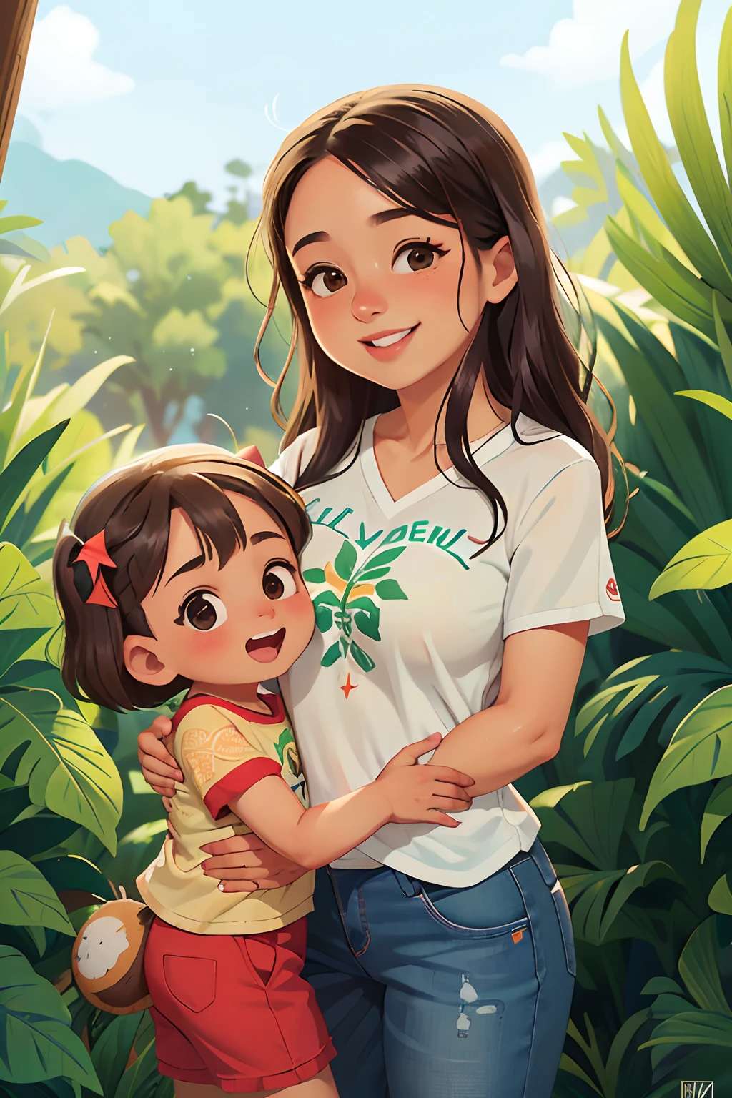 Brasileiros, cariocas, fami (pai, Mother and daughter), sorrir, amor, Casa feliz, e cercado pela natureza e por cachorrinhos. Ultra-detailed illustration with great lighting and a clear image. 8k. Eles usam camisas da Pet Carioca e da CAMEV (@petcarioca.oficial e @camev.oficial).