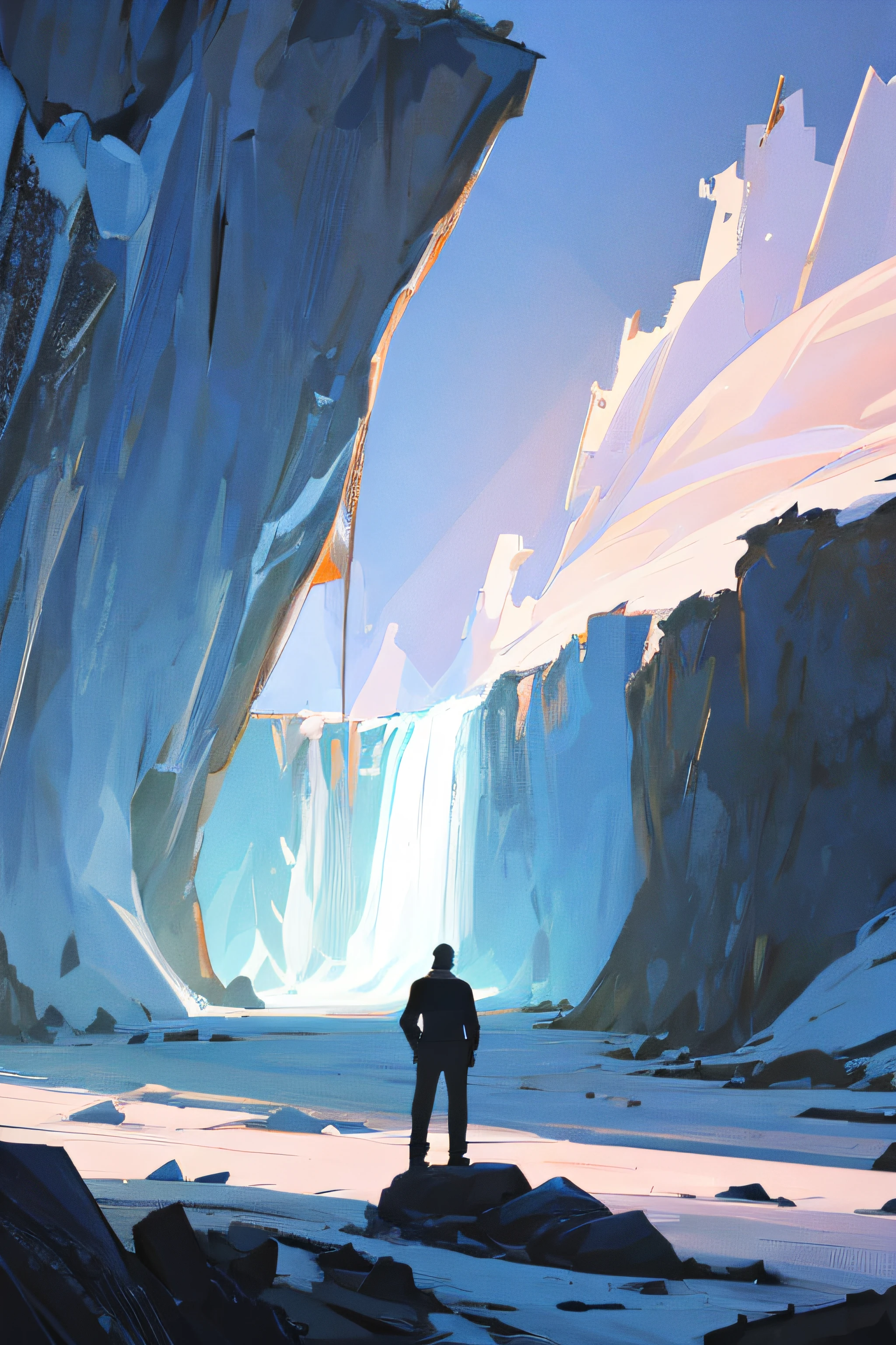 A lonely figure in an ethereal landscape, encarando o abismo.