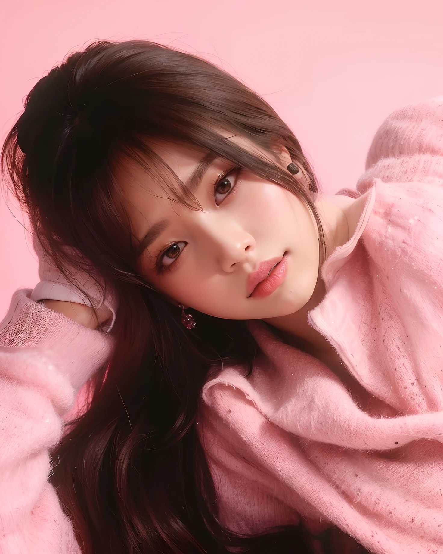 A closeup of a woman with long hair wearing a pink sweater, jennie blackpink, Retrato de Jossi de Blackpink, Yoshitomo Nara, jisoo do blackpink, Jisoo do Blackpink, song hye - kyo, Ayaka, Chiho, Retrato Jisoo Blackpink, Takase Akiko, Parque Roseanne do Blackpink, Parque Ji-min