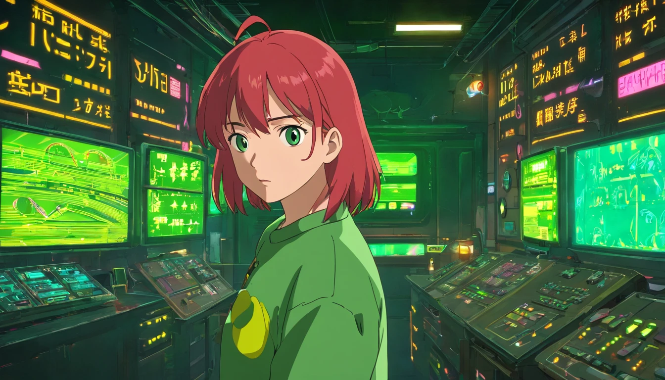 A red-haired woman in a green shirt in front of a black animated backdrop, menina seminua lofi, fundo preto, reto 8 0 s vibe anime, anime vibes, Digital anime illustration, retro anime girl, menina anime sedutora, Elogio Artstyle, no estilo de arte do anime 8 0 s, estilo anime. 8k, arte digital do anime cyberpunk, estilo anime 4K.