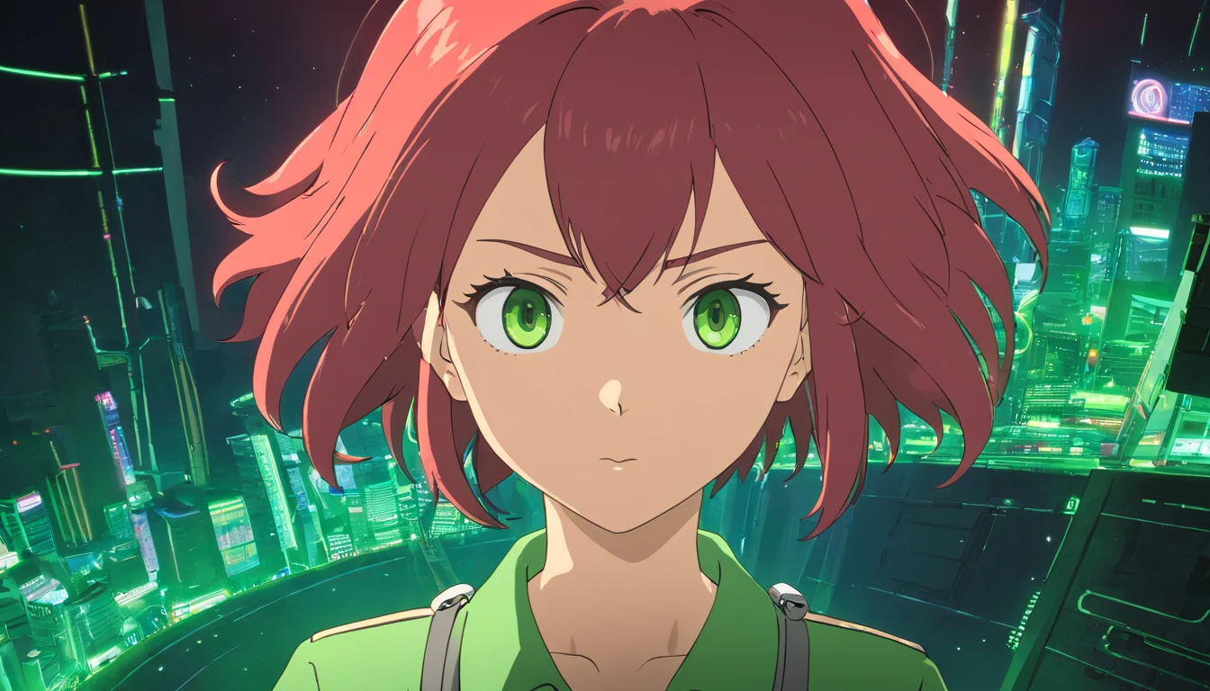 A red-haired woman in a green shirt in front of a black animated backdrop, seminua lofi, fundo preto, reto 8 0 s vibe anime, anime vibes, Digital anime illustration, retro anime girl, menina sedutora, Elogio Artstyle, no estilo de arte do anime 8 0 s, estilo anime. 8k, arte digital do anime cyberpunk, estilo anime 4K.