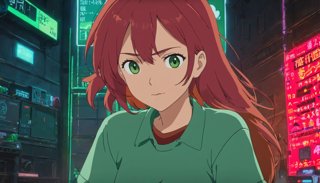 A red-haired woman in a green shirt in front of a black animated backdrop, seminua lofi, fundo preto, reto 8 0 s vibe anime, anime vibes, Digital anime illustration, retro anime girl, menina sedutora, Elogio Artstyle, no estilo de arte do anime 8 0 s, estilo anime. 8k, arte digital do anime cyberpunk, estilo anime 4K.