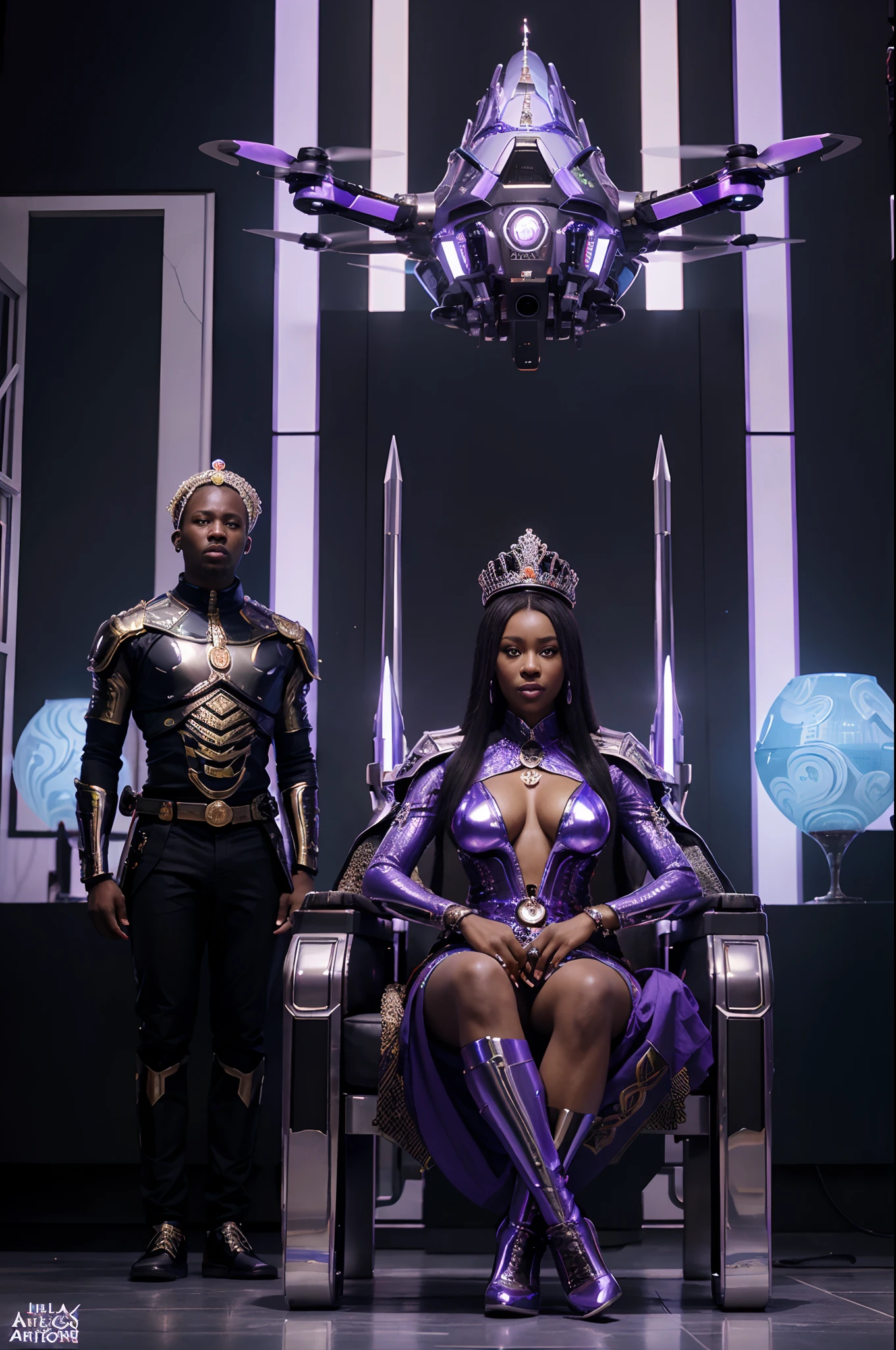Wide angle shot of african futuristic palace with purple african designs on it, African king and African queen sitting on the throne, metallic chrome bodyguard androids holding futuristic spears, standing next to the king and queen, futuristic drones floating in the palace, anime art, afrofuturism art, black anime art, Palace glowing with bbright and vibrant blue lights shining, with beautiful iridescent light, artgerm style, 32k, ultra HD, unreal engine rendered, hyper-realistic image