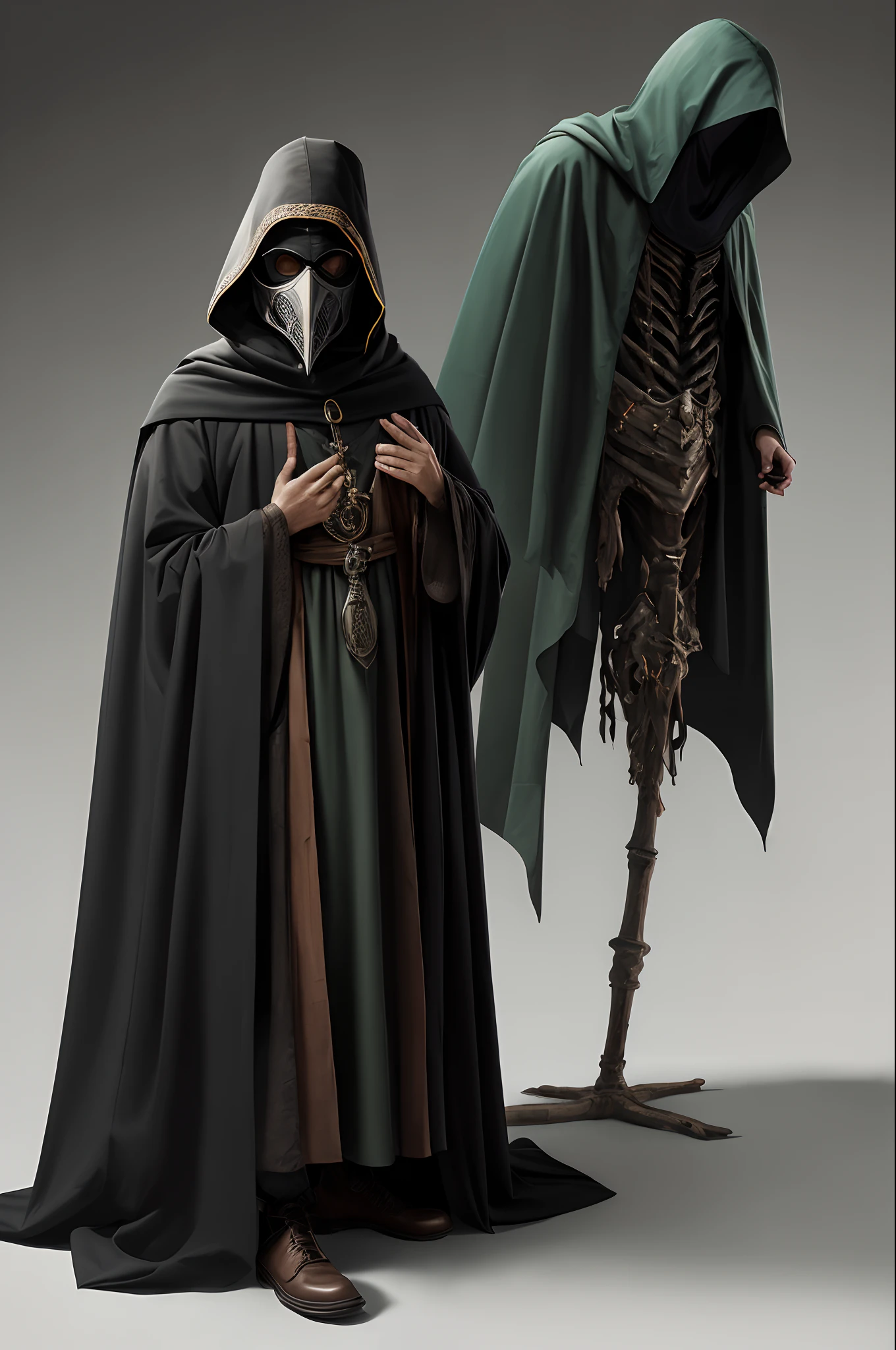 Hunched figure in black and green cloak with biohazard symbol and plague doctor mask