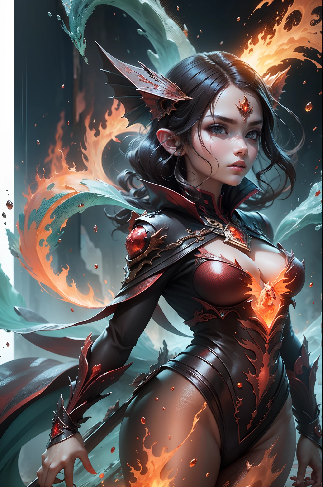 The Magic Girl stands in front of a transparent red fire dragon,Combines the power of fire and fire elements,Create a powerful lava and sulfur,burn surrounding enemies and deal extensive fire damage。