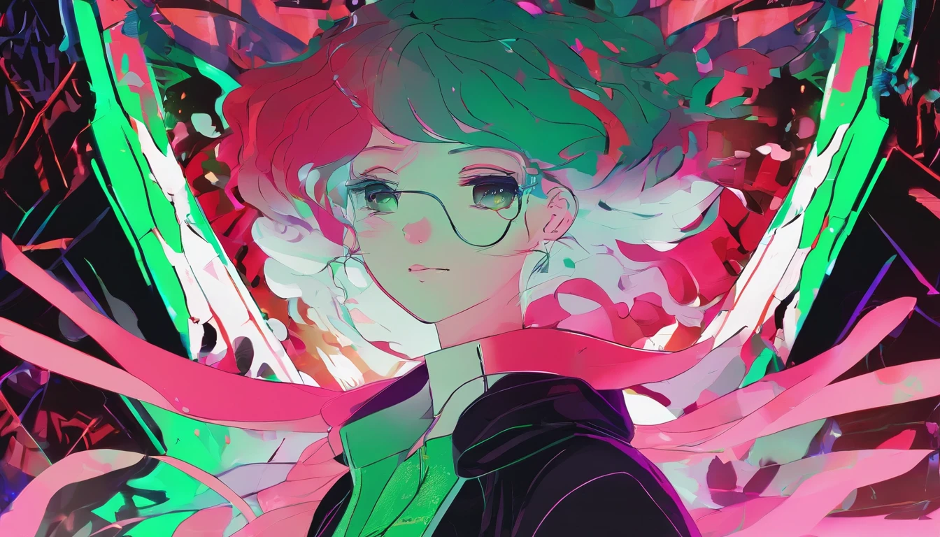 A red-haired woman in a green shirt in front of a black animated backdrop, menina seminua lofi, fundo preto, reto 8 0 s vibe anime, anime vibes, Digital anime illustration, retro anime girl, menina anime sedutora, Elogio Artstyle, no estilo de arte do anime 8 0 s, estilo anime. 8k, arte digital do anime cyberpunk, estilo anime 4K.