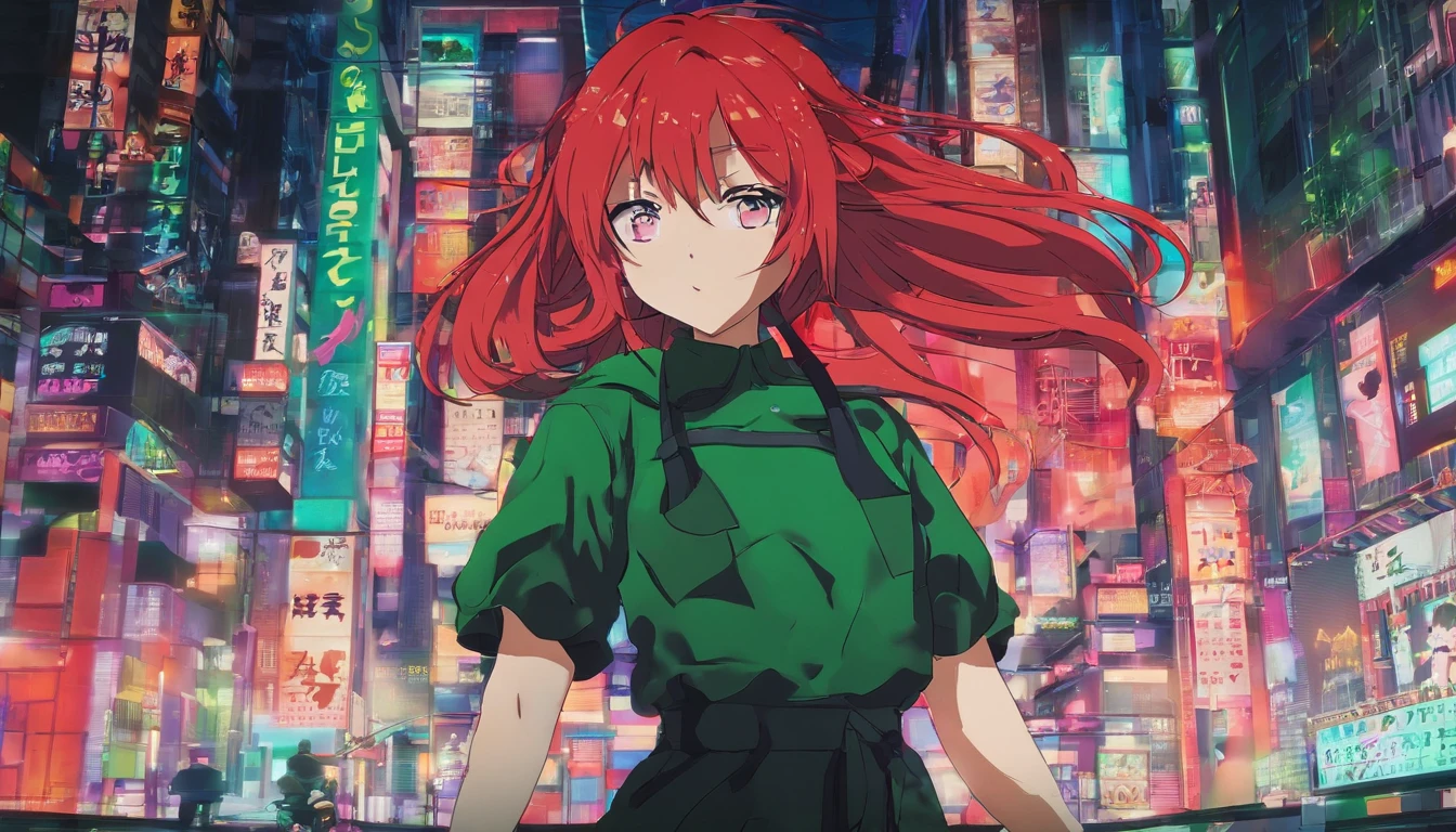 A red-haired woman in a green shirt in front of a black animated backdrop,  seminua lofi, fundo preto, reto 8 0 s vibe anime, anime vibes, Digital anime illustration, retro anime girl, menina sedutora, Elogio Artstyle, no estilo de arte do anime 8 0 s, estilo anime. 8k, arte digital do anime cyberpunk, estilo anime 4K.