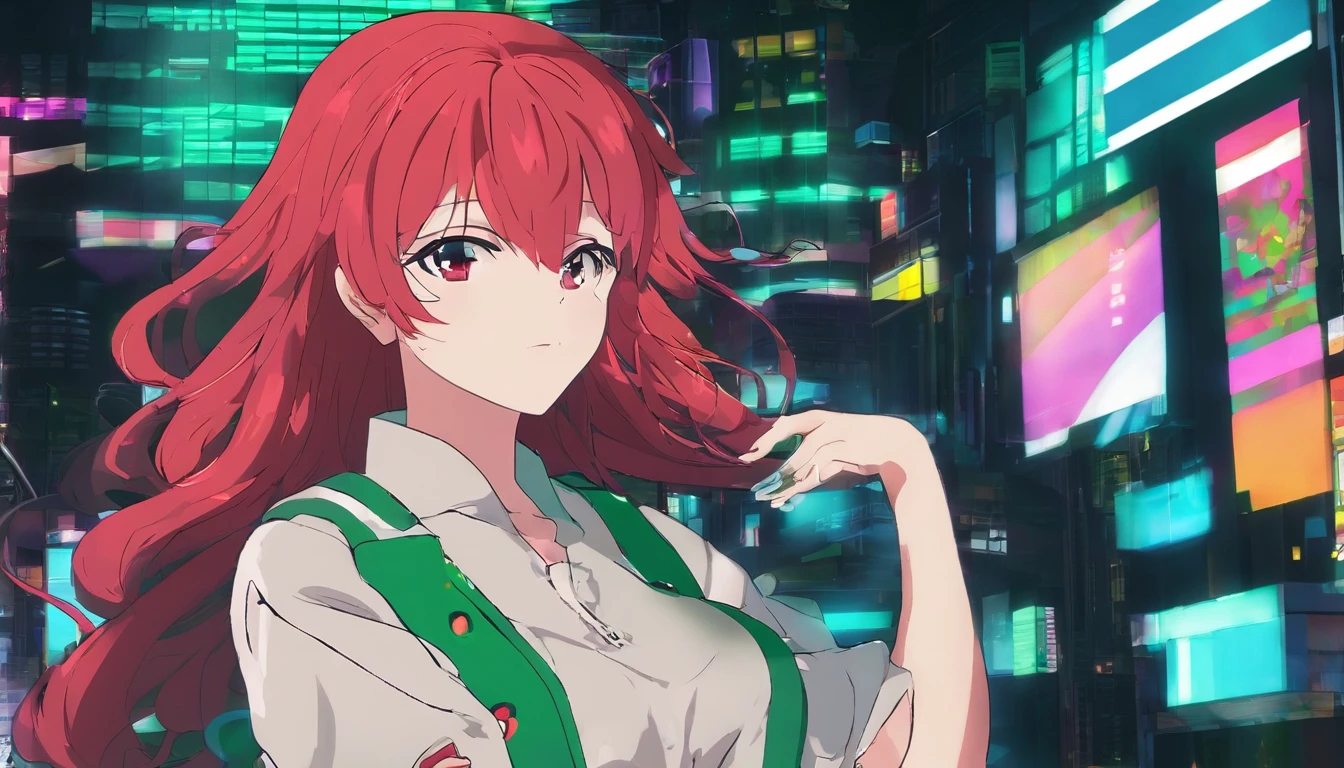 A red-haired woman in a green shirt in front of a black animated backdrop, menina seminua lofi, fundo preto, reto 8 0 s vibe anime, anime vibes, Digital anime illustration, retro anime girl, menina anime sedutora, Elogio Artstyle, no estilo de arte do anime 8 0 s, estilo anime. 8k, arte digital do anime cyberpunk, estilo anime 4K.