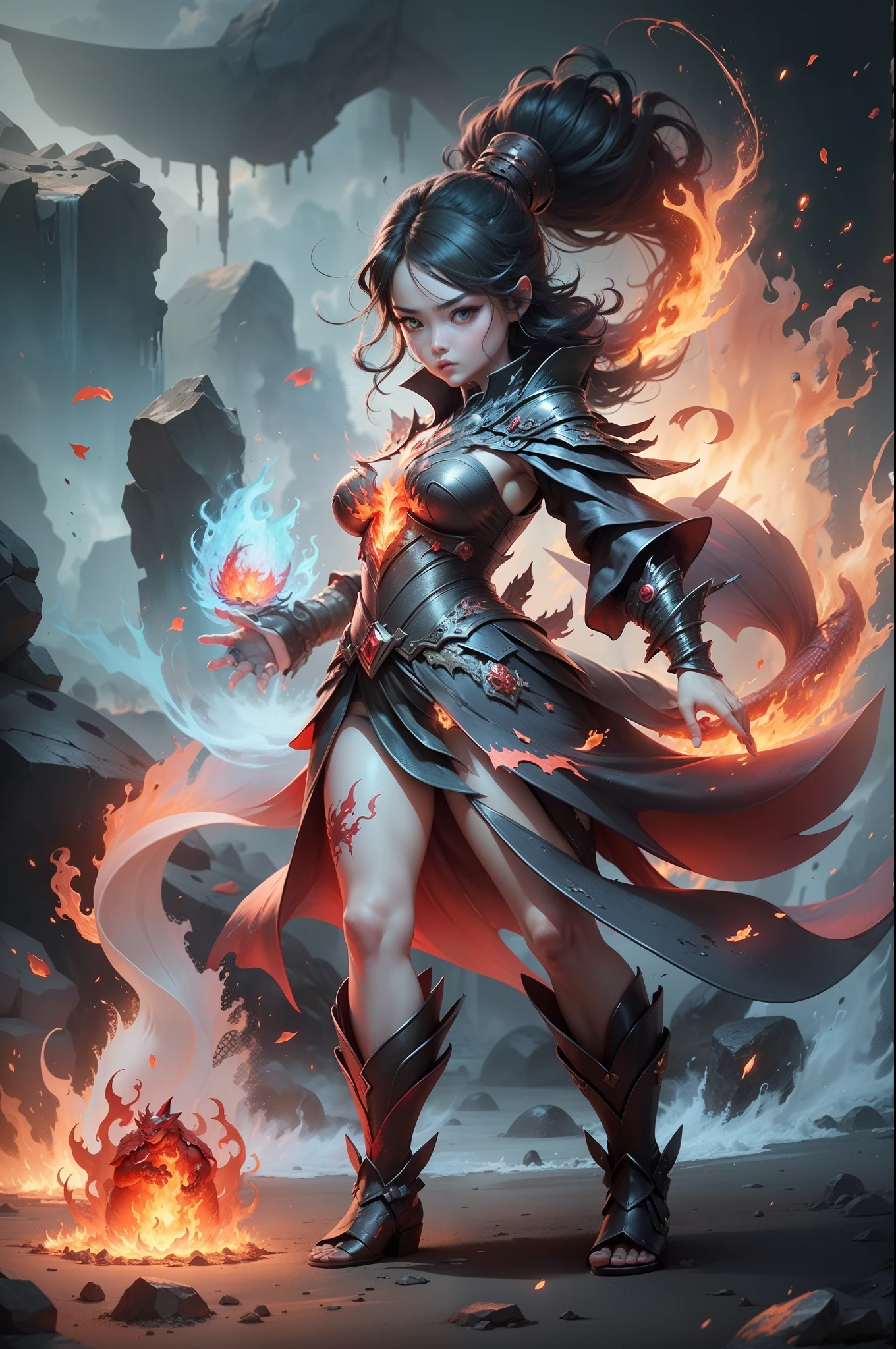 The  Magic Girl stands in front of a transparent red fire dragon，Combines the power of fire and fire elements，Create a powerful lava and sulfur，burn surrounding enemies and deal extensive fire damage。