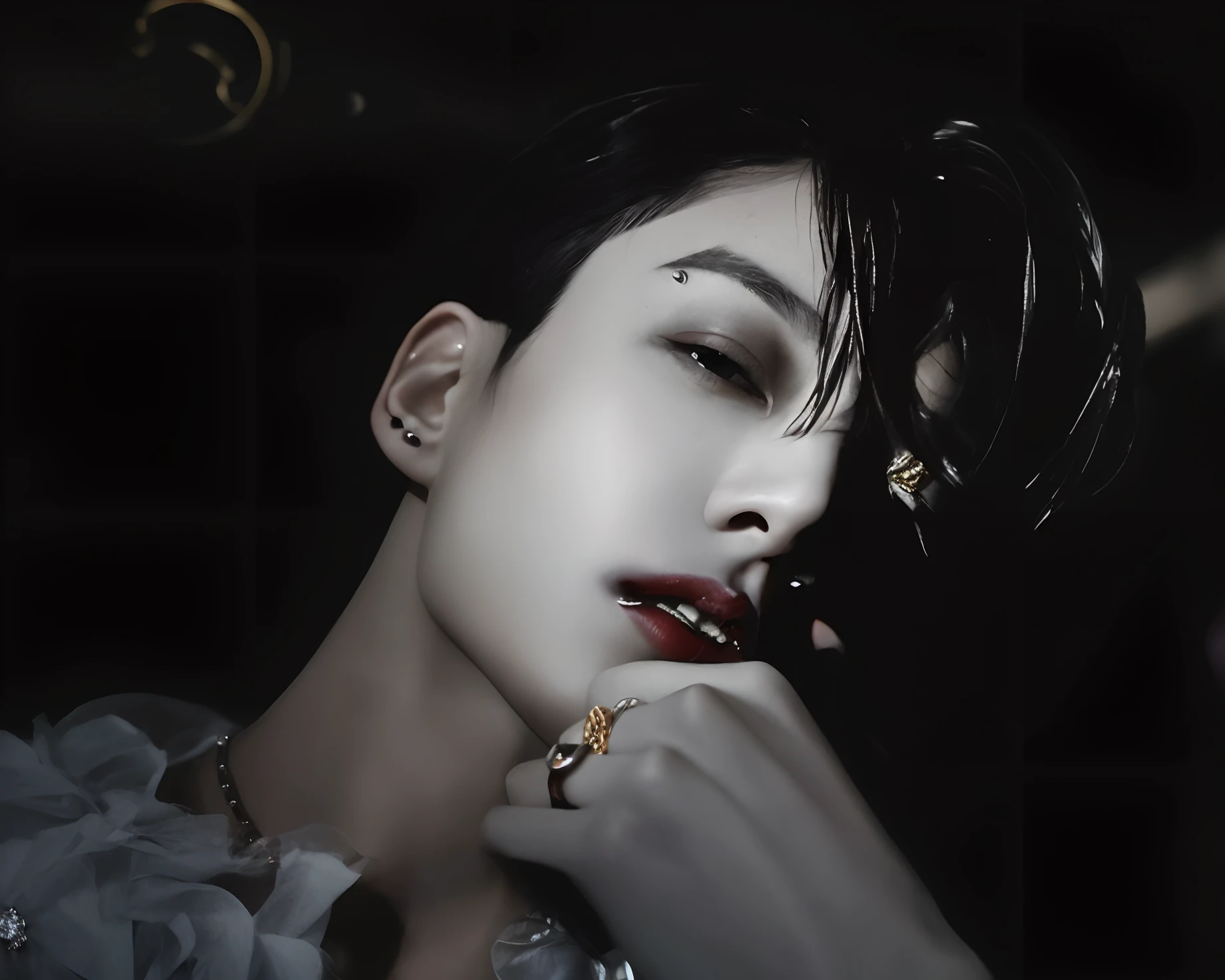 Hombre vampiro con un anillo en el dedo y un anillo en el dedo, beautiful androgynous prince, emperador, delicate androgynous prince, androgynous face, androgynous vampire, androgynous male, androginia, androgynous, androgynous person, Retrato chico vampiro, jungkook vampiro