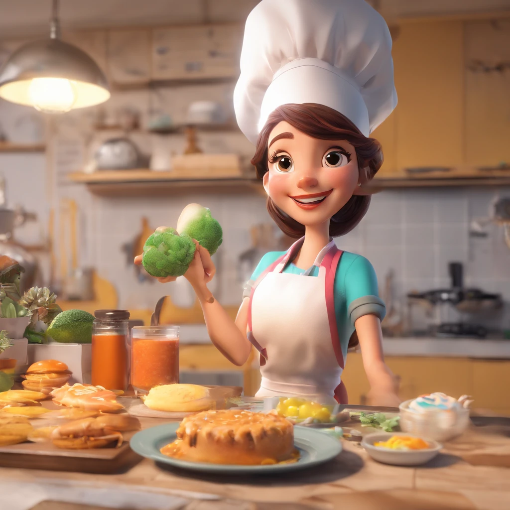 Crie uma cena de desenho animado estilo 3d -Pixar, Onde uma mulher, de cabelos lisos castanhos com 35 anos de idade, She's cooking dressed as a pastry chef.
