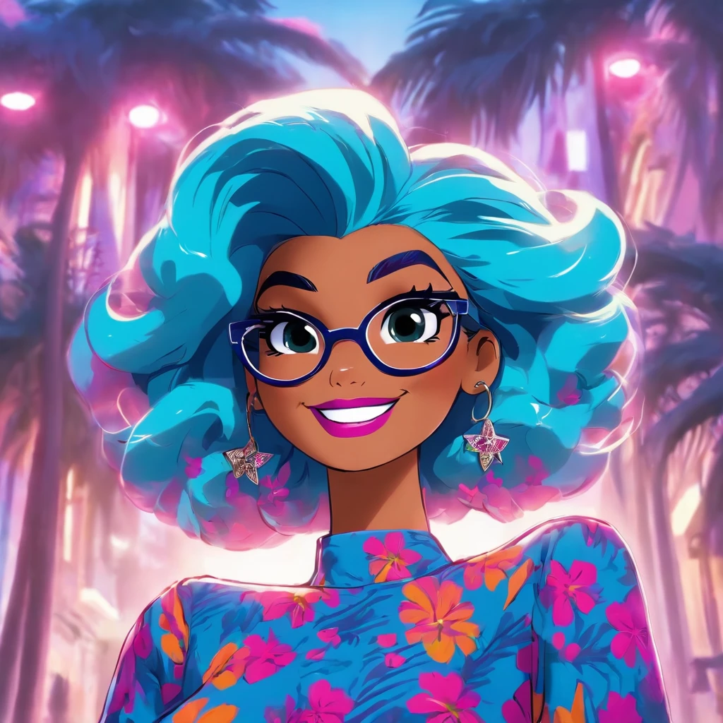 Make another scene with the same style, Barbie is now out of the perfume shop, Now she's holding a perfumery bag, Ela estava prestes a entrar no carro, your car is a Corvette C1, rosa e branco, Corveta C1, Ela usava um vestido xadrez rosa e branco，O pano de fundo mostra uma cidade com 80 estados, There are palm trees and many pink flowers. Arafed woman with blue hair and glasses smiling in a room, cabelos brilhantes azuis e roxos, cabelos azuis e roxos, com cabelos azuis, Foto de perfil do headshot, cor roxa e azul, com longos cabelos azul-turquesa, ela tem cabelo roxo, imagem profissional, bonito ligeiramente nerd sorriso, Alanis Guillen, cabelos tingidos, azul e roxo