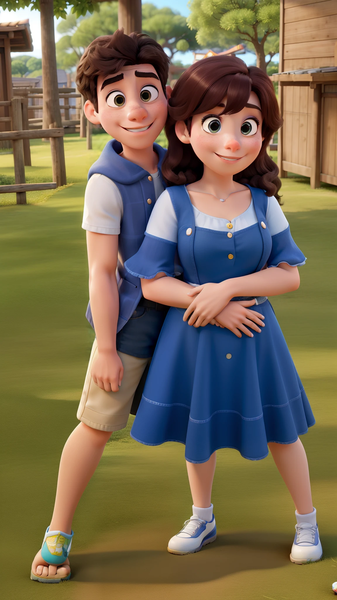 Obra-prima, de melhor qualidade estilo disney Pixar, In front a girl and in the back a Japanese boy