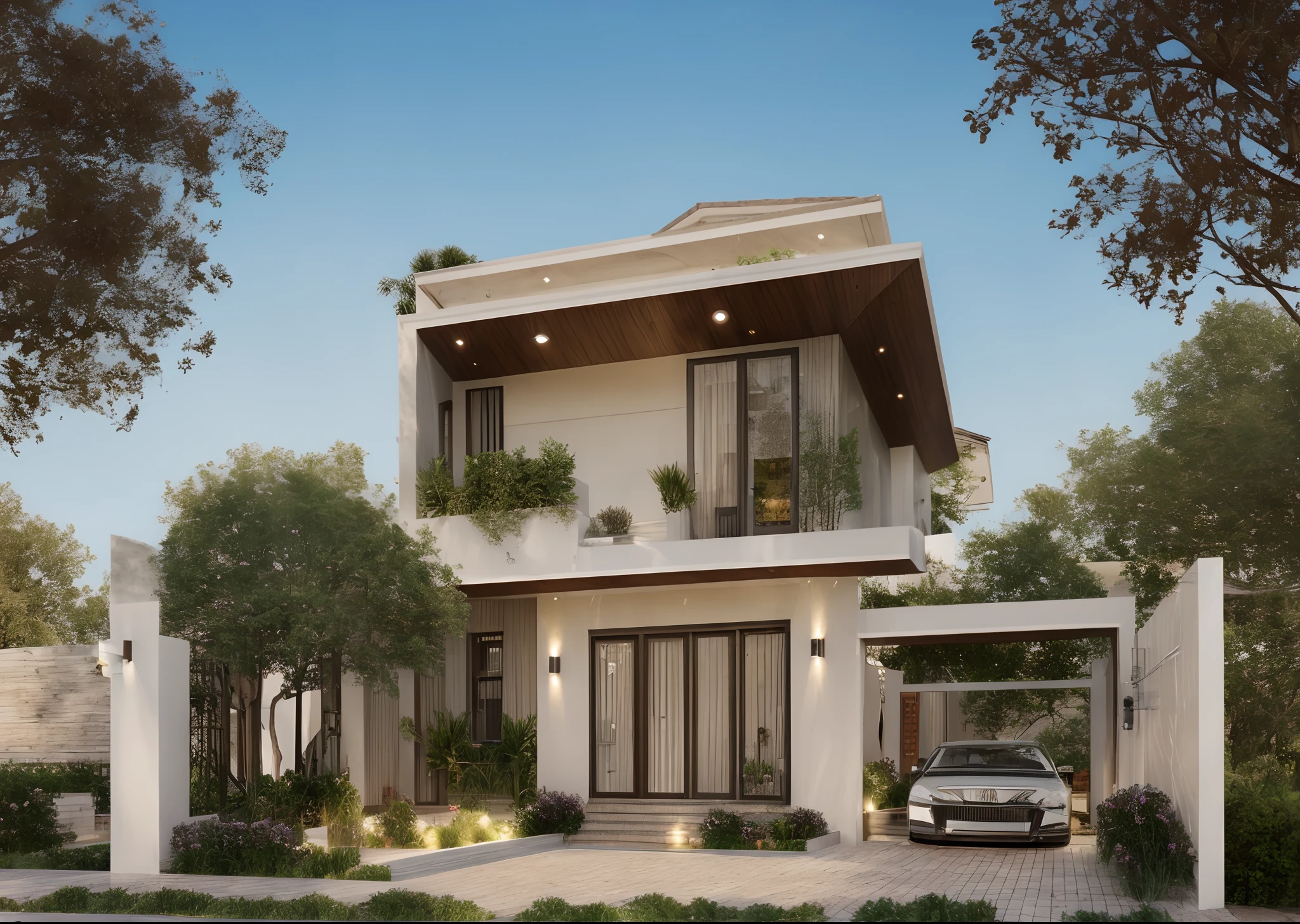 Realistic images, extremely detailed, a modern house, 1 road in font of house, large yard made by ceramic, (1 car), brick fence, lawn, a few small flowers, a road in front of the house, main materials of the house are white walls and red brick, Modern design, clear blue sky, sunrise light, light from inside, dynamic light,shimering light, cinematic light, romantic feeling, (((day light, warm light)))