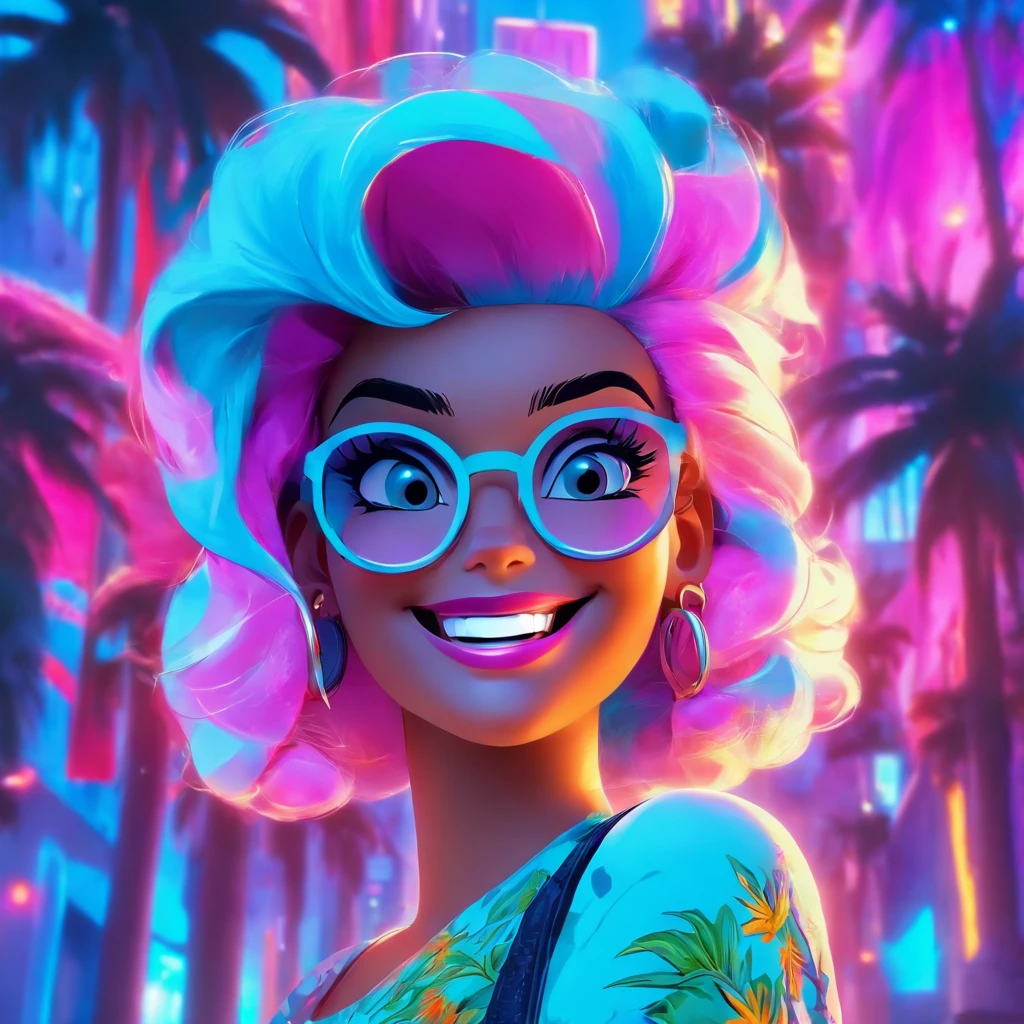 Make another scene with the same style, Barbie is now out of the perfume shop, Now she's holding a perfumery bag, Ela estava prestes a entrar no carro, your car is a Corvette C1, rosa e branco, Corveta C1, Ela usava um vestido xadrez rosa e branco,O pano de fundo mostra uma cidade com 80 estados, There are palm trees and many pink flowers. Arafed woman with blue hair and glasses smiling in a room, cabelos brilhantes azuis e roxos, cabelos azuis e roxos, com cabelos azuis, Foto de perfil do headshot, cor roxa e azul, com longos cabelos azul-turquesa, ela tem cabelo roxo, imagem profissional, bonito ligeiramente nerd sorriso, Alanis Guillen, cabelos tingidos, azul e roxo