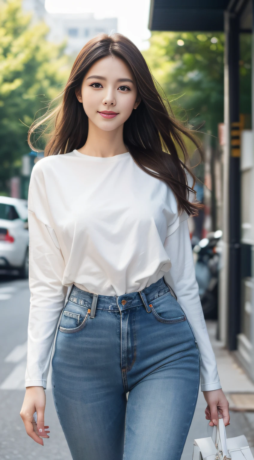 Realistic lighting, best qualtiy, 8K, tmasterpiece:1.3)), sharp fokus:1.2, 1girll, Smiling，Long hair flutters all over the body. Jeans beautiful woman with perfect figure:1.4, , Slim waist:1.1, ((dark brown  hair)), (White Autumn Wear:1.4 Not Exposed）,（exteriors，1.1），the city street， Green tree super thin face，Fine eyes，二重まぶた