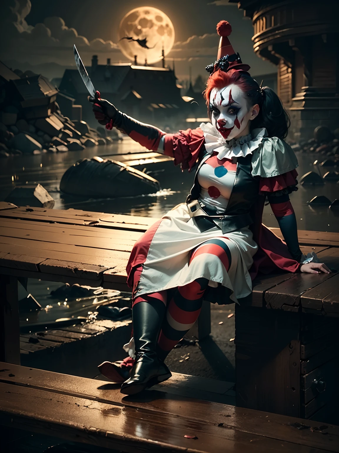 Young girl 9 years old clown sitting on a  ery bloody bench with a bloody knife in her hand, bright Red hair, bloody costume, bloody scene, blood dripping from the knife, blood everywhere, lots of blood, moon lit night, night time carnival background, carnival rides, carnival lights, dark night, goth clown girl, carnival rides, creepy clown girl, intricate clown costume, clown girl, full costume, portrait shot, costume, sinister pose, scary clown, slide show, jester themed, a portrait, special, court jester, wearing accurate clown makeup, full body with costume, cinematic style, dim lighting, scary atmosphere, horror scene,