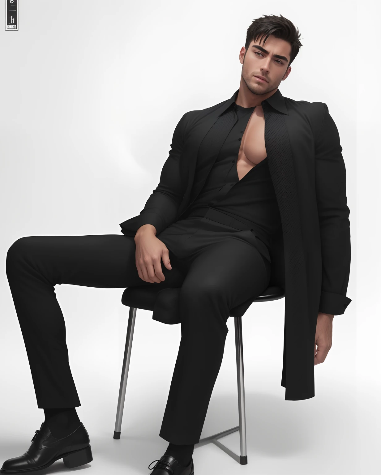 Handsome man, sit on a chair , Muscle , Bulged , Black Shirt , Office pants , Sexy Man , Big Man , Leather Shoes , Veiny Hand , Big Muscle , Sispack , sexy man , UHD , 8K , details Hand , big Bulged