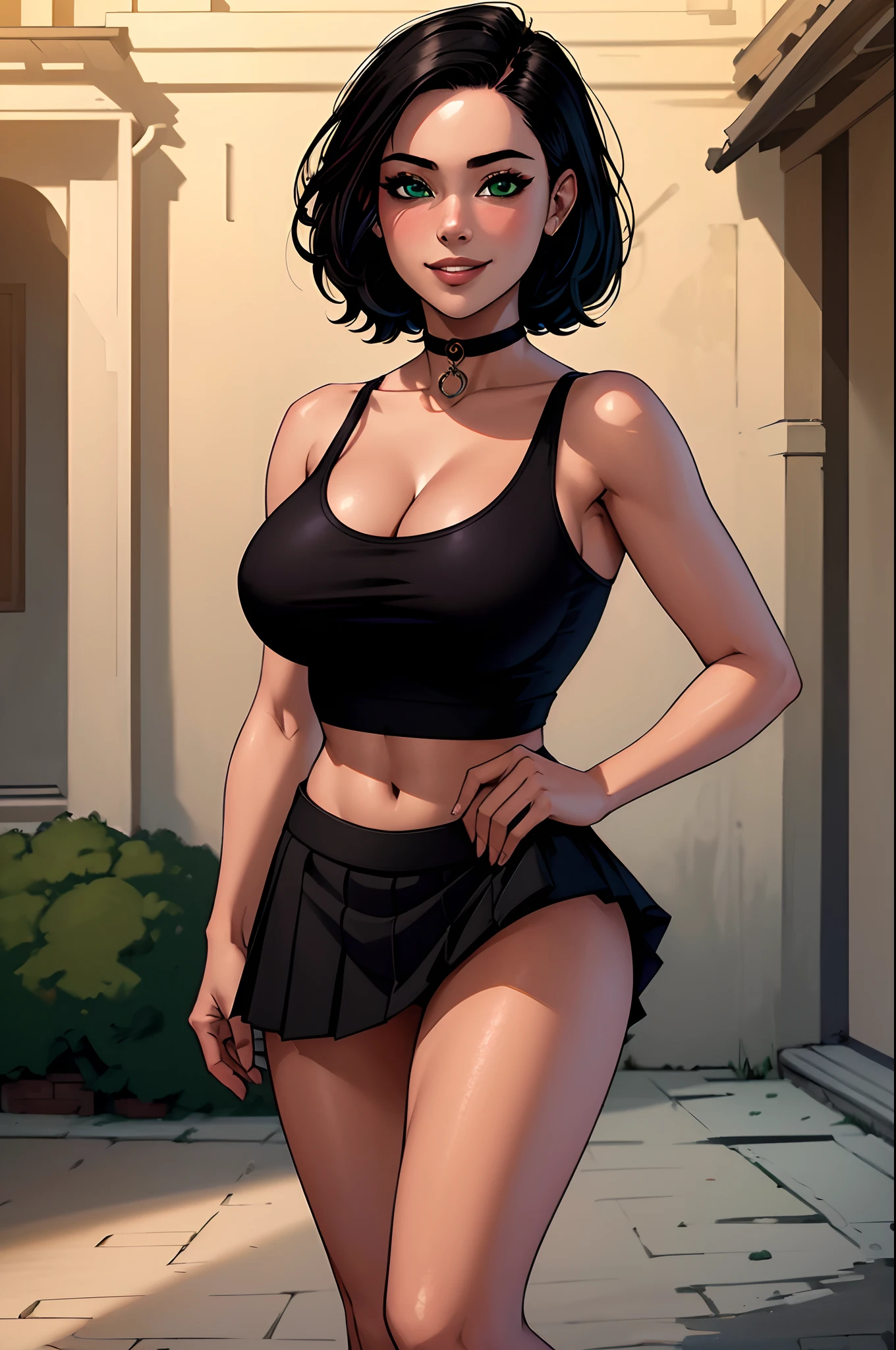 ((Masterpiece)), ((Best Quality)), Ultra High Resolution, HDR, absurderes, 8K, (1 girl), intricate details, ultra-detailed, dramatic lighting, blushing, smile, green eyes, short black hair, bob hair, black choker, crop top, (black tank top), (black pleated mini skirt), gorgeous girl, large breasts, cleavage, gorgeous body, vivid colors, full body view, sharp focus,  detailed illustration, detail background, outdoors, depth of field, shy, feminine, professional artwork, standing up