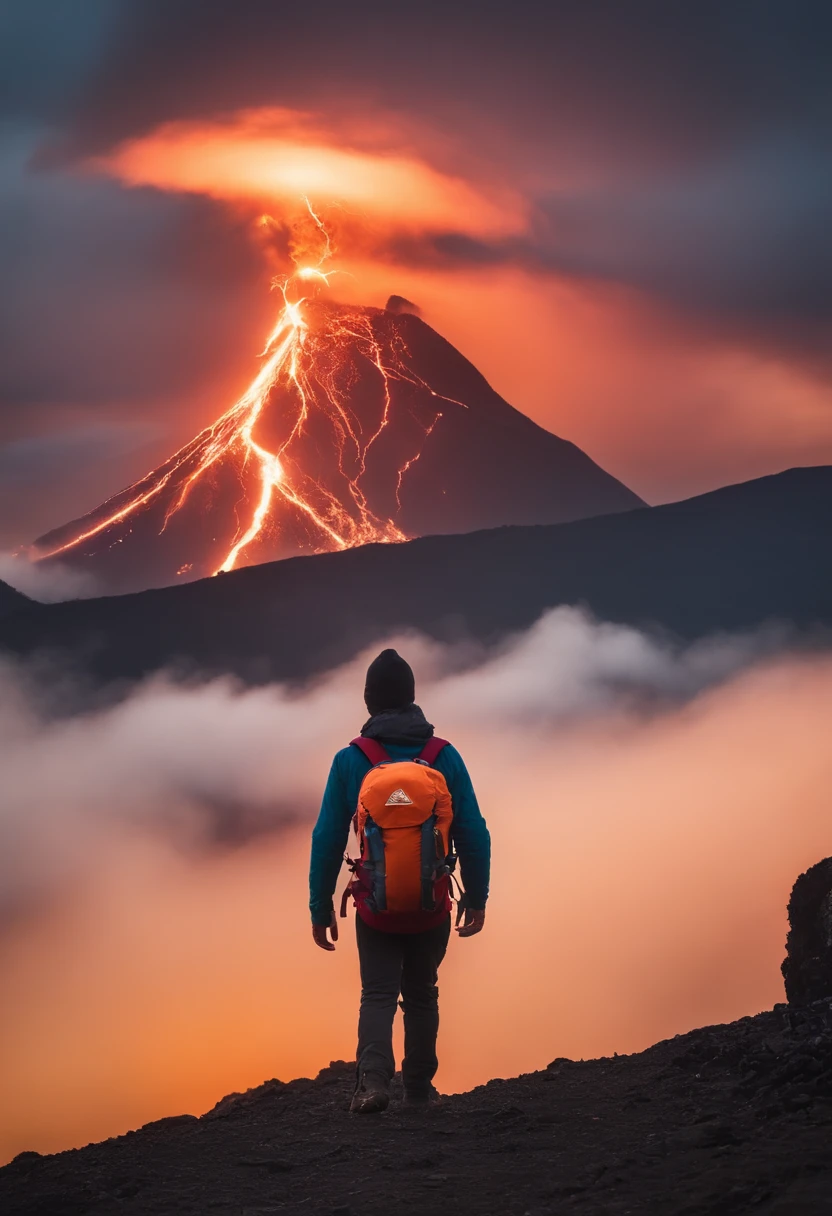 There's a cute boy standing on a mountain with a backpack on his back, Montanhas no fundo, com montanhas ao fundo, Montanhas no fundo, em frente a uma montanha, usando equipamento de aventura, no topo da montanha, no topo da montanha, roupas de caminhada, Stay close to a volcano, Against the backdrop of a volcano, Vestindo equipamentos aventureiros,Personagem mascote,frontal