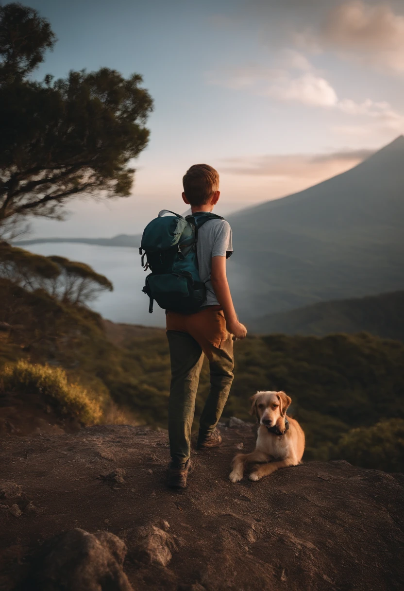There's a cute boy standing on a mountain with a backpack on his back, Montanhas no fundo, com montanhas ao fundo, Montanhas no fundo, em frente a uma montanha, usando equipamento de aventura, no topo da montanha, no topo da montanha, roupas de caminhada, Stay close to a volcano, Against the backdrop of a volcano, Vestindo equipamentos aventureiros,Personagem mascote,frontal