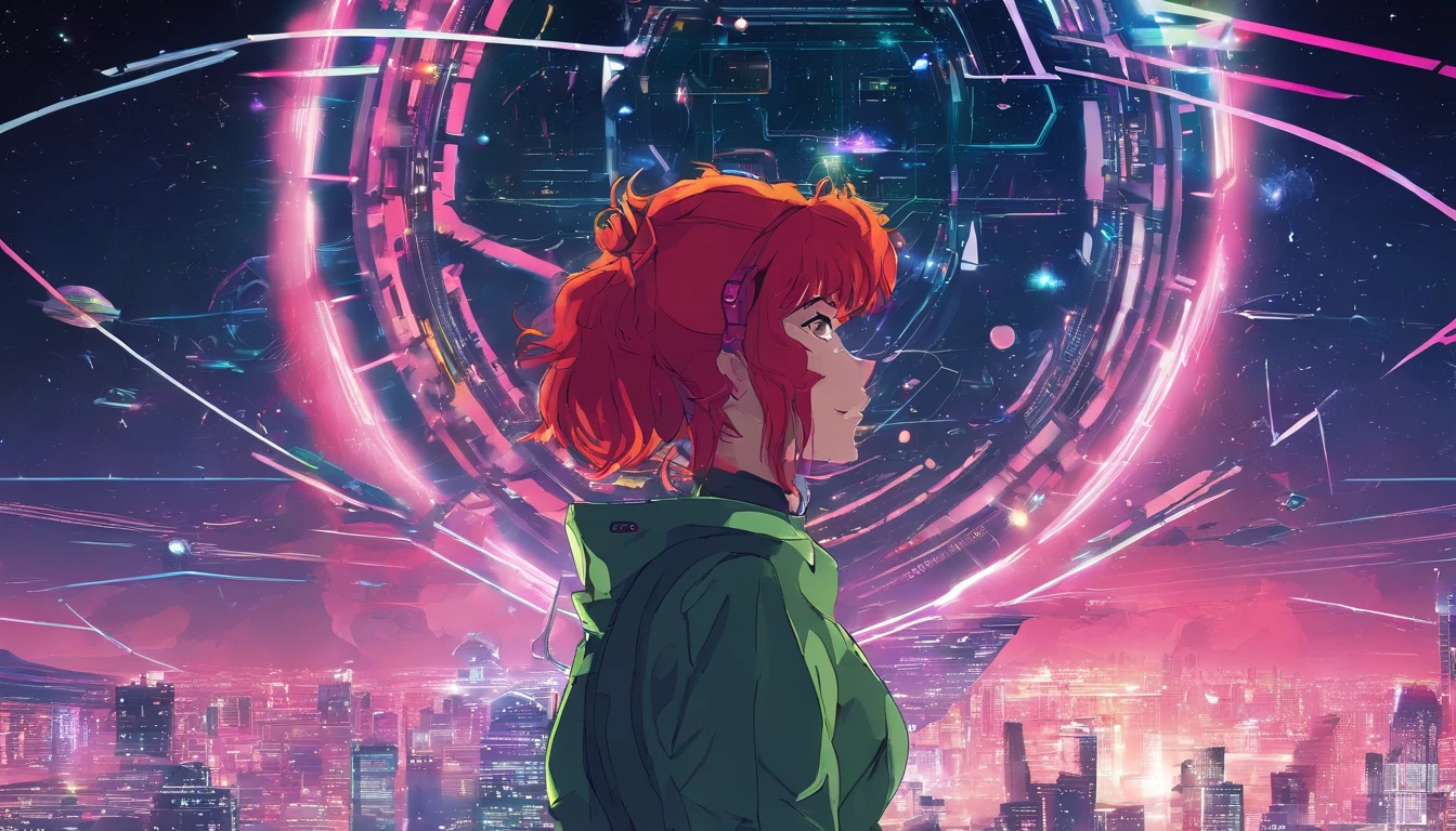 A red-haired woman in a green shirt in front of a black animated backdrop, menina seminua lofi, fundo preto, reto 8 0 s vibe anime, anime vibes, Digital anime illustration, retro anime girl, menina anime sedutora, Elogio Artstyle, no estilo de arte do anime 8 0 s, estilo anime. 8k, arte digital do anime cyberpunk, estilo anime 4K.