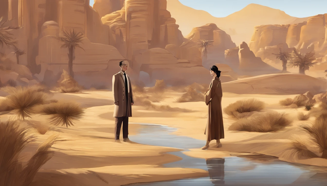 magazine illustration,((in the desert)),A glamorous Chinese female model stands in the middle of the desert,a pond,A couple of tall guys(((Golden poplar:1.3))),poplar,Fallen leaves on the ground,k hd,Sony SLR lens,Master masterpieces,Soft lights at dusk