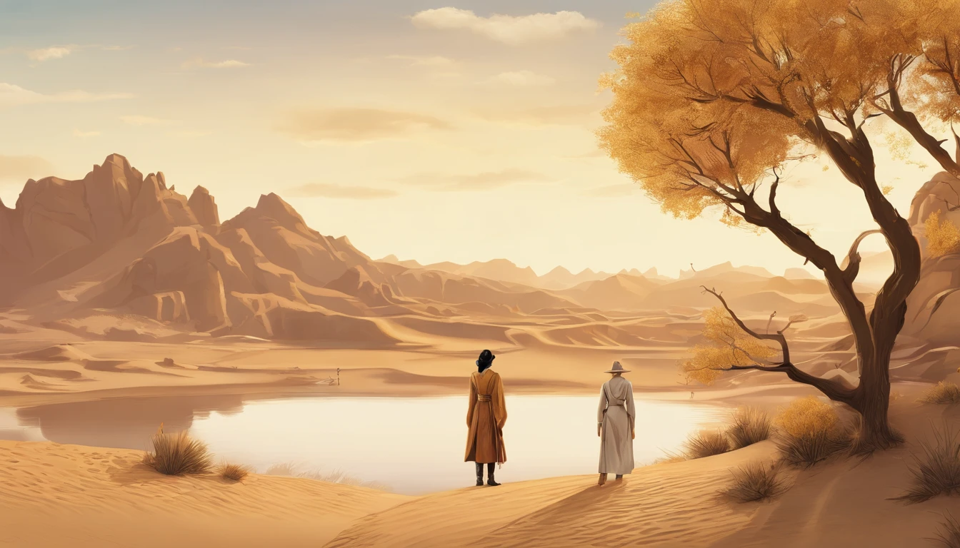 magazine illustration,((in the desert)),A glamorous Chinese female model stands in the middle of the desert,a pond,A couple of tall guys(((Golden poplar:1.3))),poplar,Fallen leaves on the ground,k hd,Sony SLR lens,Master masterpieces,Soft lights at dusk