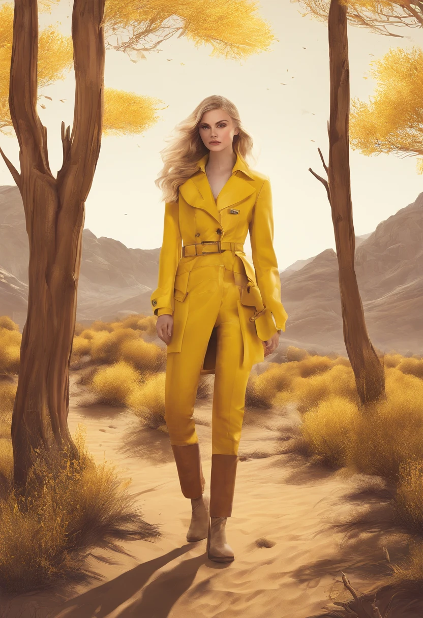 Magazine illustration，((In the desert))，a small stream，A yellow-yellow poplar forest，A slender model girl，A few tall ones(((Golden poplar tree：1.3)))，Poplar tree，Fallen leaves on the ground，k hd，Sony SLR lens，Master masterpieces，Cinematic lighting lighting，extreme hight detail