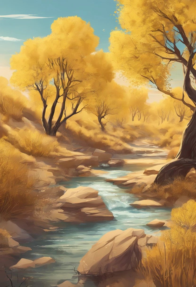 Magazine illustration,((In the desert)),a small stream,A yellow-yellow poplar forest,A slender model girl,A few tall ones(((Golden poplar tree:1.3))),Poplar tree,Fallen leaves on the ground,k hd,Sony SLR lens,Master masterpieces,Cinematic lighting lighting,extreme hight detail