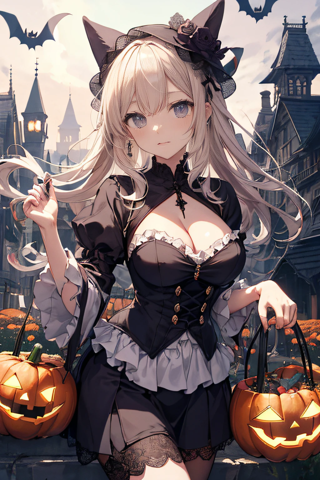 (masutepiece, Absurd quality, of the highest quality, Official art, Beautiful and aesthetic: 1.2), (One Woman: 1.4), Highly detailed, (Fractal Art: 1.3), lean forward and lift the skirt, Miniskirt, cleavage, Halloween、Halloween Venues、Detailed landscapes、Landscape Writing、Halloween costumes、
Cute illustration, Absurd solution, Ultra-detailed, Best Quality,