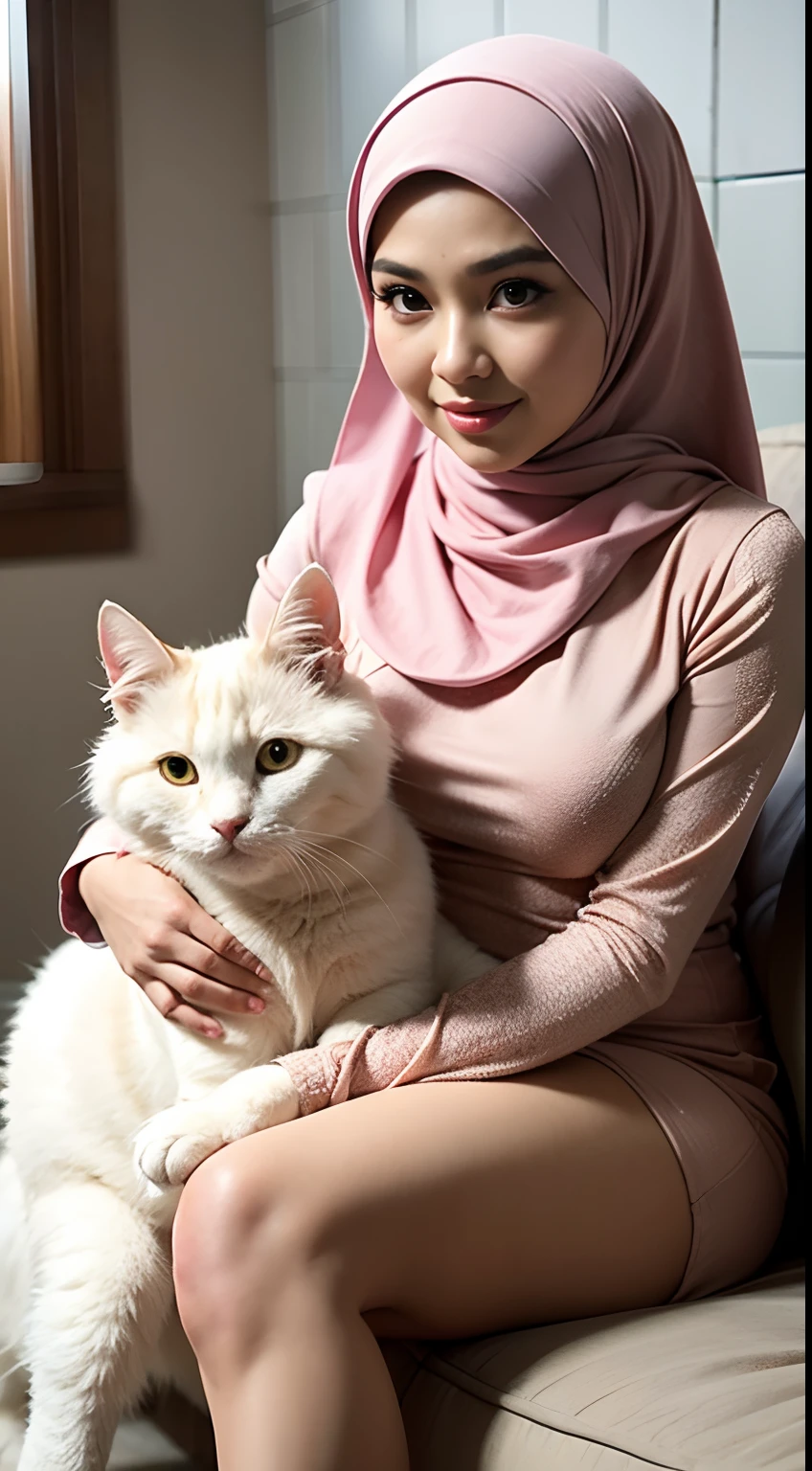 Design a heartwarming scene as the young Malay woman in pastel color hijab interacts with her beloved ((very big cat pet)), ((very big fluffy white persian cat)), (( very very big cat pet)),very cute Malay woman with beautiful small petite body, big breast, delail face, beutiful face,wear modest baju kurung, wear glasses, big round glasses, small petite body, beer belly, small waist, slim, wide hips, thick thighs, showcasing the bond between them in a cozy home setting, bright lighting, happy, 8k, high quality, ray lighting,