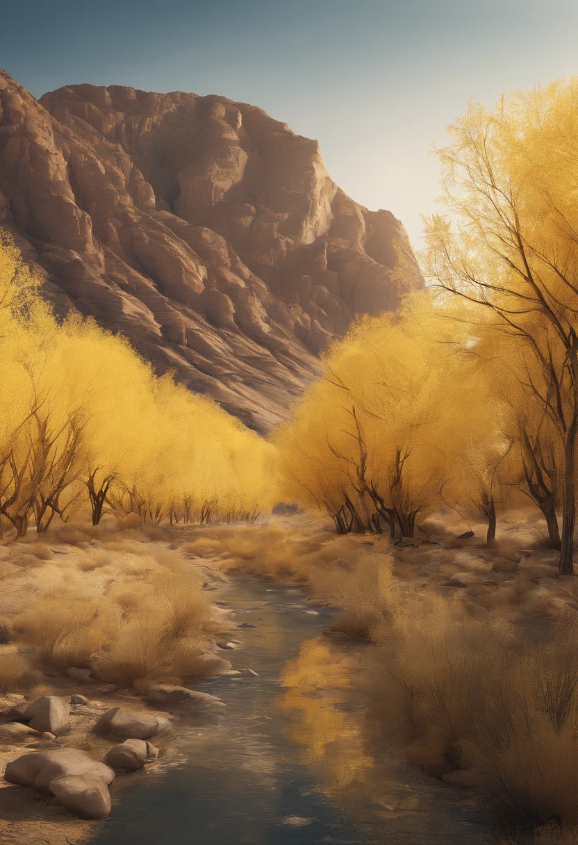 Magazine illustration,((In the desert)),a small stream,A yellow-yellow poplar forest,A few tall ones(((Golden poplar tree:1.3))),Poplar tree,Fallen leaves on the ground,k hd,Sony SLR lens,Master masterpieces,Cinematic lighting lighting,extreme hight detail