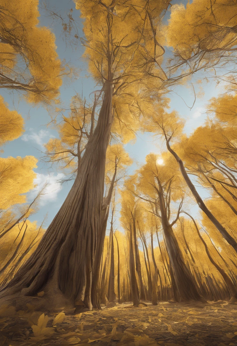 Magazine illustration，((In the desert))，a small stream，A yellow-yellow poplar forest，A few tall ones(((Golden poplar tree：1.3)))，Poplar tree，Fallen leaves on the ground，k hd，Sony SLR lens，Master masterpieces，Cinematic lighting lighting，extreme hight detail