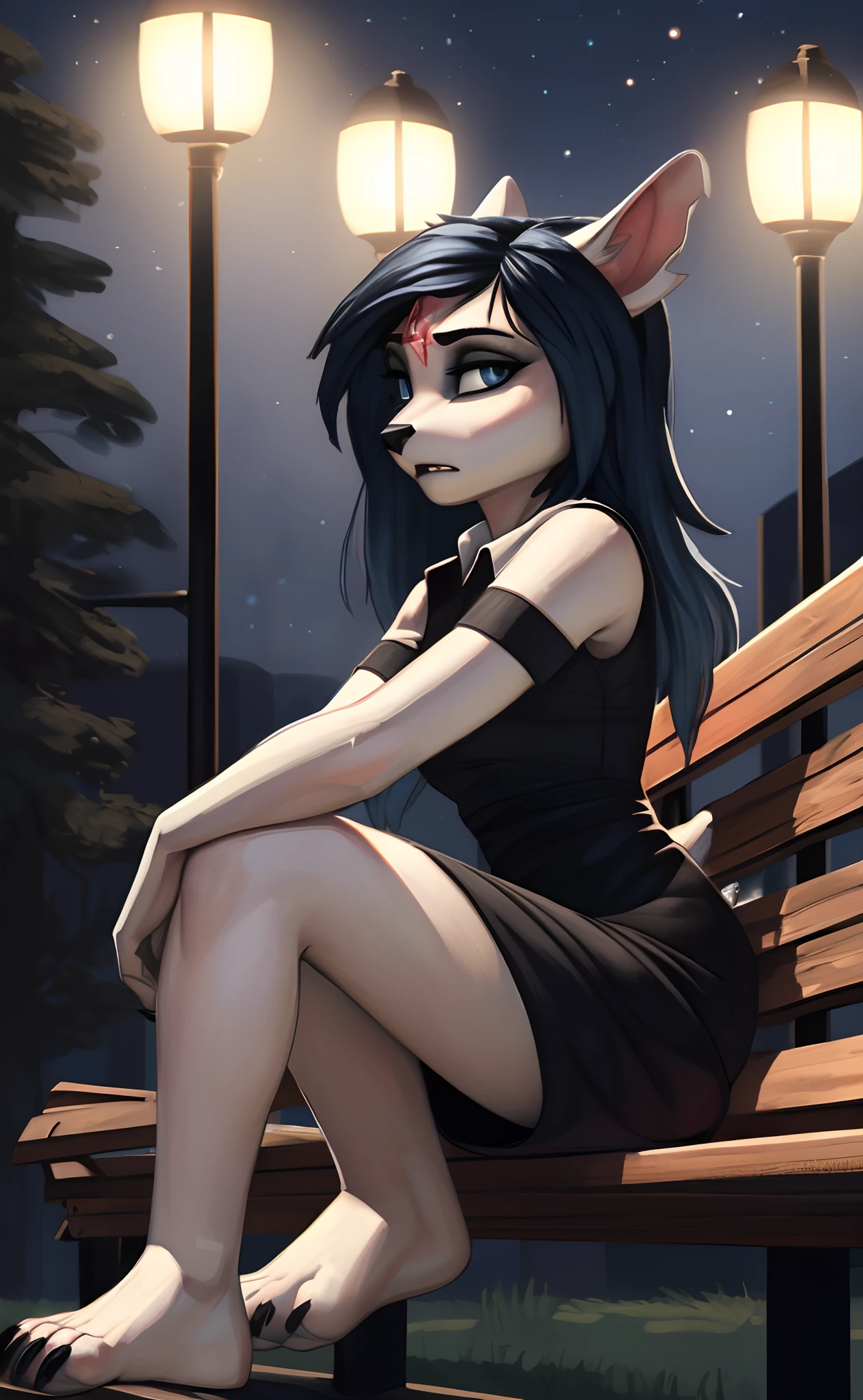 [Claire (the summoning)], [Uploaded to e621.net; (Pixelsketcher), (wamudraws)], ((masterpiece)), ((1girl)), ((solo portrait)), ((full body)), ((side view)), ((furry; anthro)), ((detailed fur)), ((detailed shading)), ((beautiful render art)), {anthro; (slim figure), white fur, black nose, long blue hair, (bang over left eye), (pink pentagon on forehead), (dark-blue cat eyes), (slit pupils), (half-closed eyes), (indigo eyeshadow), (black claws), (beautiful feet), (expressionless)}, {(short sleeve black white-collared shirt), (tight short bodycon dress)}, {(sitting on bench), (sitting up-straight), (hands in lap), (legs crossed), (looking at viewer)}, [background; (park), (street lights), (nighttime), (ambient lighting)]