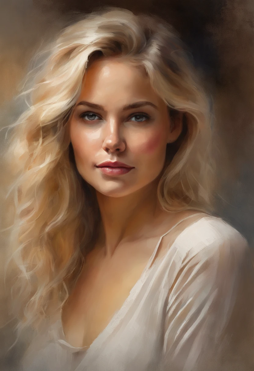 professional, (4k photo:1.1) by (Jeremy Lipking:0.3), (Dittmann Anna:0.3), (Arian Mark:0.3), (Sharp focus:1.3), high detail, wearing (tight shirt:1.2), beautiful detailed face, hazel eyes, short blonde hair, (attractive young woman:1.3), (seductive:1.1), (blushing:1.1), hourglass body shape, natural breasts, wide hips