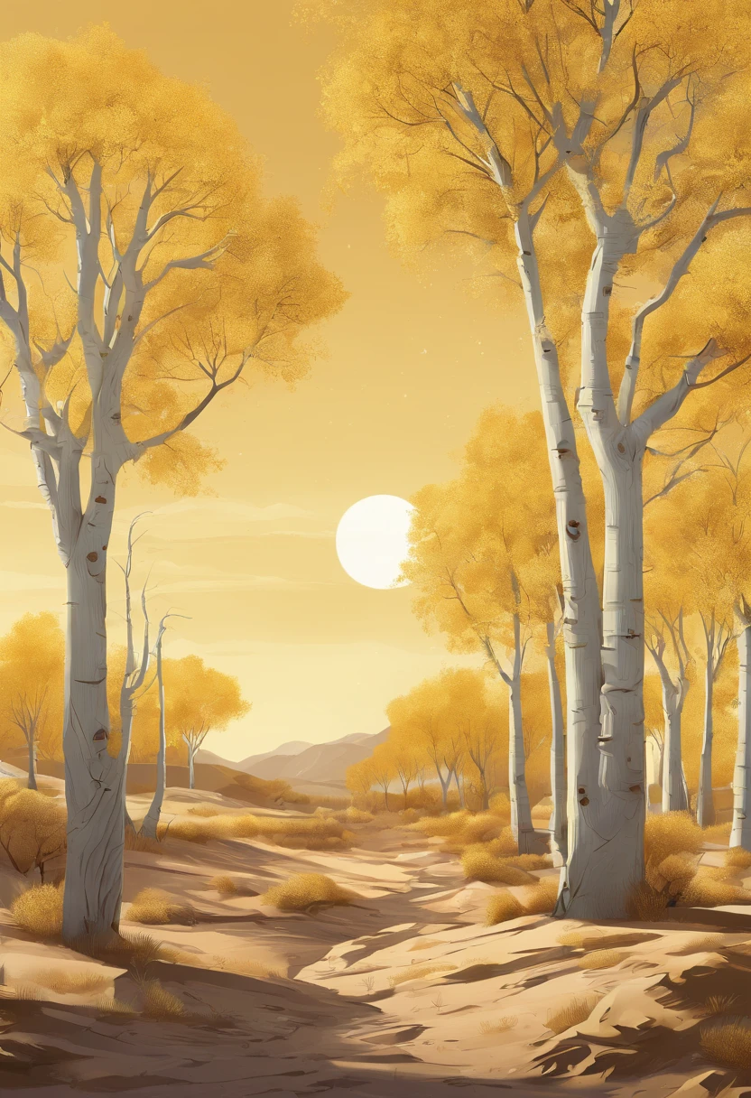 Magazine illustration,((In the desert)),A yellow-yellow poplar forest,,A few tall ones(((Golden poplar tree:1.3))),Poplar tree,Fallen leaves on the ground,k hd,Sony SLR lens,Master masterpieces,Cinematic lighting lighting,extreme hight detail