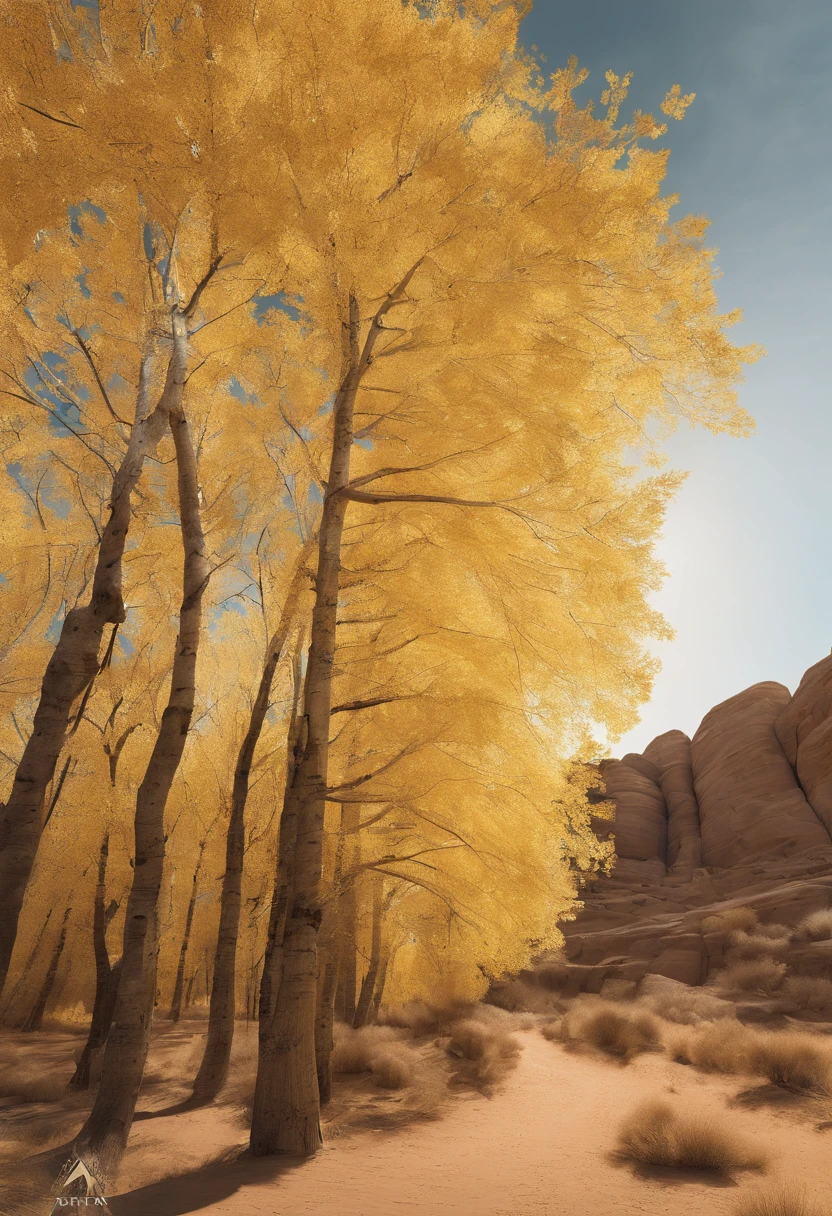 Magazine illustration,((In the desert)),A yellow-yellow poplar forest,,A few tall ones(((Golden poplar tree:1.3))),Poplar tree,Fallen leaves on the ground,k hd,Sony SLR lens,Master masterpieces,Cinematic lighting lighting,extreme hight detail