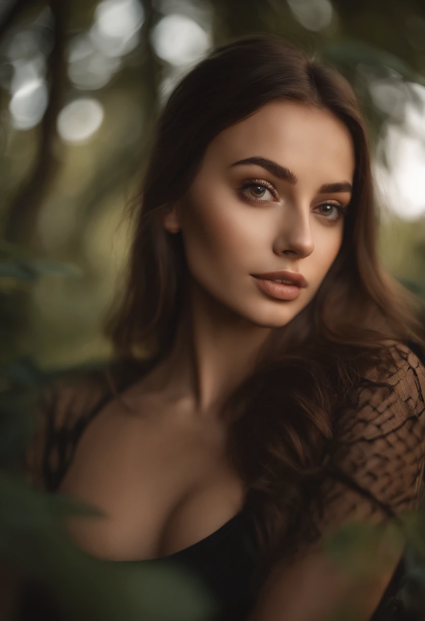 arafed woman with, sexy girl with brown eyes, portrait sophie mudd, brown hair and large eyes, gigantic breasts, selfie of a young woman, bedroom eyes, black shirt, covering breast, natural makeup, looking directly at the camera, face with art gram, subtle makeup, stunning full-face shot, in nature, cleavage, ultra realistic