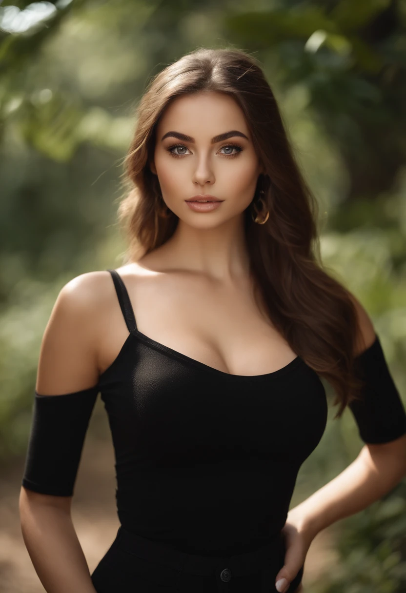 arafed woman with, sexy girl with brown eyes, portrait sophie mudd, brown hair and large eyes, gigantic breasts, selfie of a young woman, bedroom eyes, black shirt, covering breast, natural makeup, looking directly at the camera, face with art gram, subtle makeup, stunning full-face shot, in nature, cleavage, ultra realistic