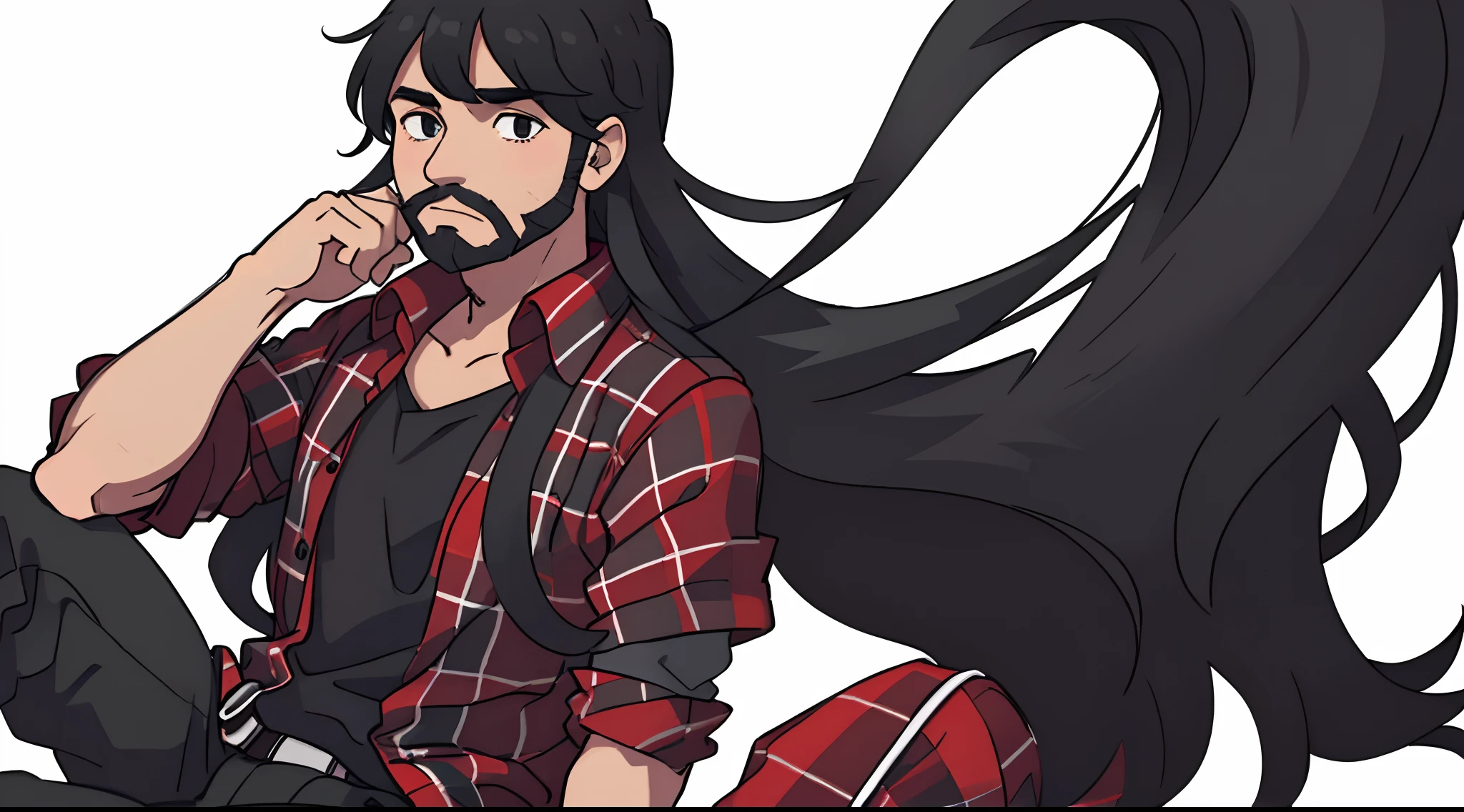 solo Man with long black flowing hair and a short black beard. wearing a red plaid shirt, sitting by himself. white background