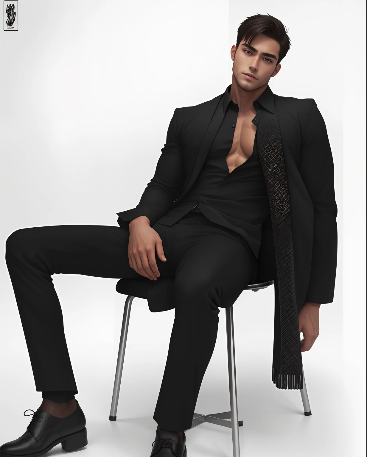 Handsome man, sit on a chair , Muscle , Bulged , Black Shirt , Office pants , Sexy Man , Big Man , Leather Shoes , Veiny Hand , Big Muscle , Sispack , sexy man , UHD , 8K