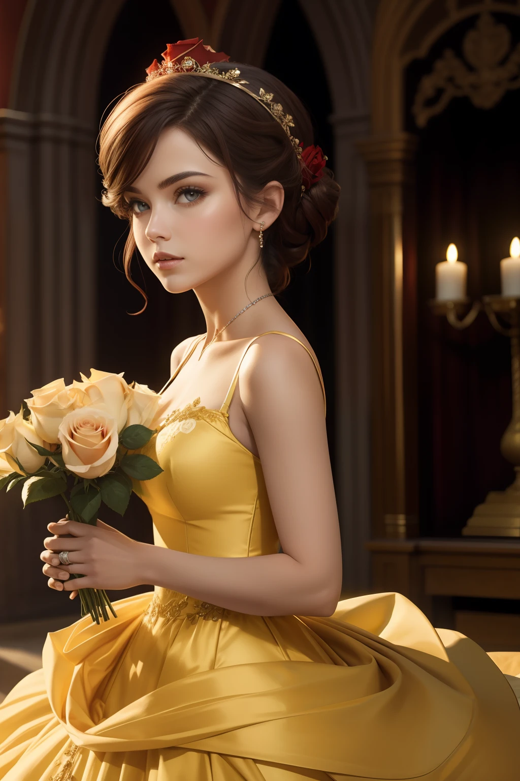 (Belle Waif:1), surprised, cute, cute pose, View Viewer, Thick thighs, (Yellow Dress:1.2), (Hair Bun, tiara) :d, Curvy, (Holding a red rose:1),

(Realistic:1.2), (realism), (masterpiece:1.2), (highest quality), (Super detailed), (8k, 4K, Complex),(Full Body Shot:1),(Cowboy Shot:1.2), (85mm),Particles of light, Lighting, (Very detailed:1.2),(Detailed face:1.2), (Gradation), SFW, colorful,(Fine grain:1.2),

(Detailed landscape, garden, plant, city:1.2),(Detailed Background),Detailed landscape, (Dynamic Angle:1.2), (Dynamic pose:1.2), (The rule of thirds_composition:1.3), (Course of action:1.2), Wide Shot, Dawn, alone,

