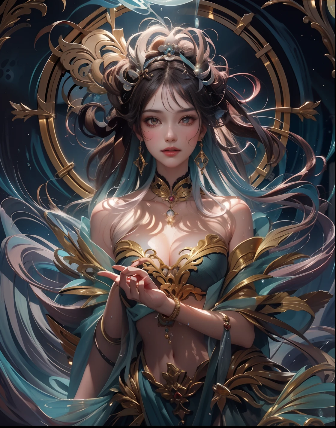 Prompts Copiar prompts cloudy night sky storm, sunset red clouds storm cloudy, rough sea, psychedelic waves, skin and clothes wet with water, drops of water, floating bubbles, magical lights,face by tom bagshaw art station,, Moon Goddess, Full Length Figure, Contemptuous Gaze, Detailed Face, (Naked: 2.4), (See-Through Lingerie: 1.3), Gold Decoration, Black Plain Background, High Contrast, Masterpiece, Best Quality, Best Quality, Cinematic Lighting, Photorealistic,Goddess maiden, gorgeous, splashing, flame, flowing pen and ink,view of pubic hair,Goddess maiden, gorgeous, splashing, flame, flowing pen and ink,full female body, beautiful caucasian girl close-up, body in dynamic movement, oil, digital art, splash, full body,art by Sakimichan,oriental mandala tattoo, fractal background, silver and gold and bronze spirit, natural skin moistened with water, slight smile, view from below, perfect golden eyes, long curly black hair, floating antique clock, lamp ancient, splash,seductive pose, visible pubic hair, breasts visible,full body, black hair, Transparent clothing, slight smile,Jean-Baptiste Monge style, bright, beautiful , splash, Glittering , cute and adorable, filigree, , rim lighting, lights, extremely , magic, surreal, fantasy, digital art, , wlop, artgerm and james jean,floating antique clock, lamp ancient, splash,floating antique clock,face by tom bagshaw art station, view from below,